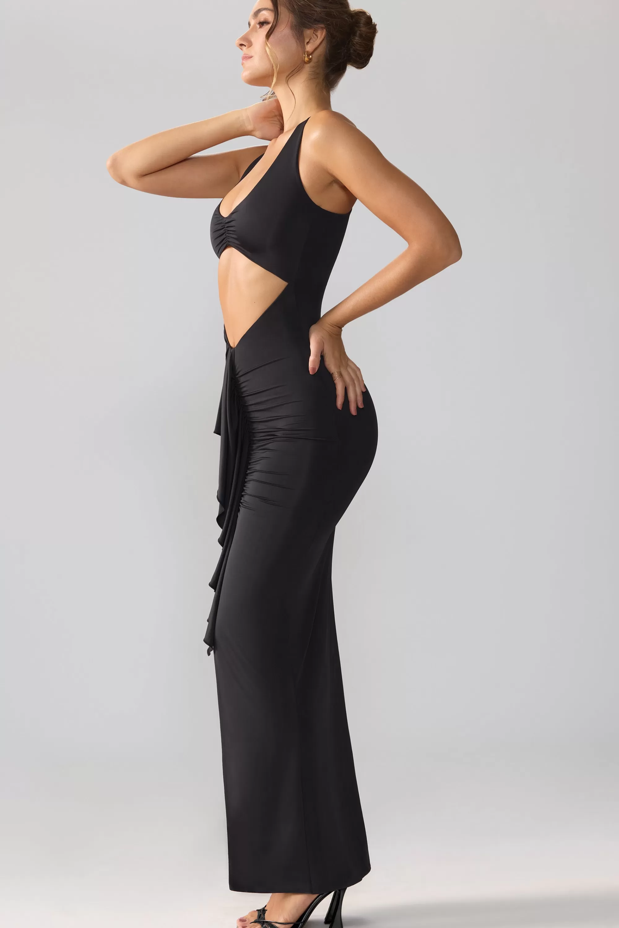 Oh Polly Slinky Jersey Cut Out Ruffle Racerback Maxi Dress in Black Fashion