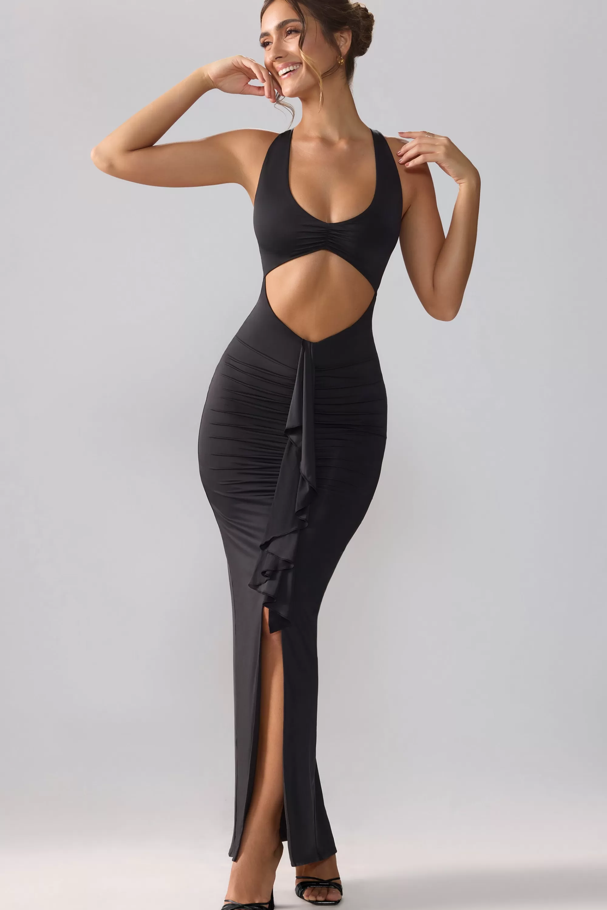 Oh Polly Slinky Jersey Cut Out Ruffle Racerback Maxi Dress in Black Fashion