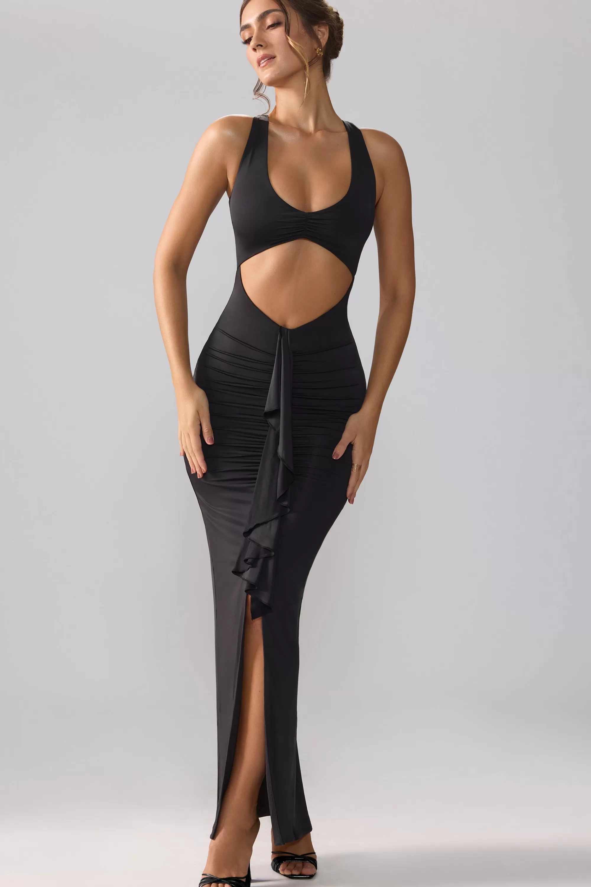 Oh Polly Slinky Jersey Cut Out Ruffle Racerback Maxi Dress in Black Fashion