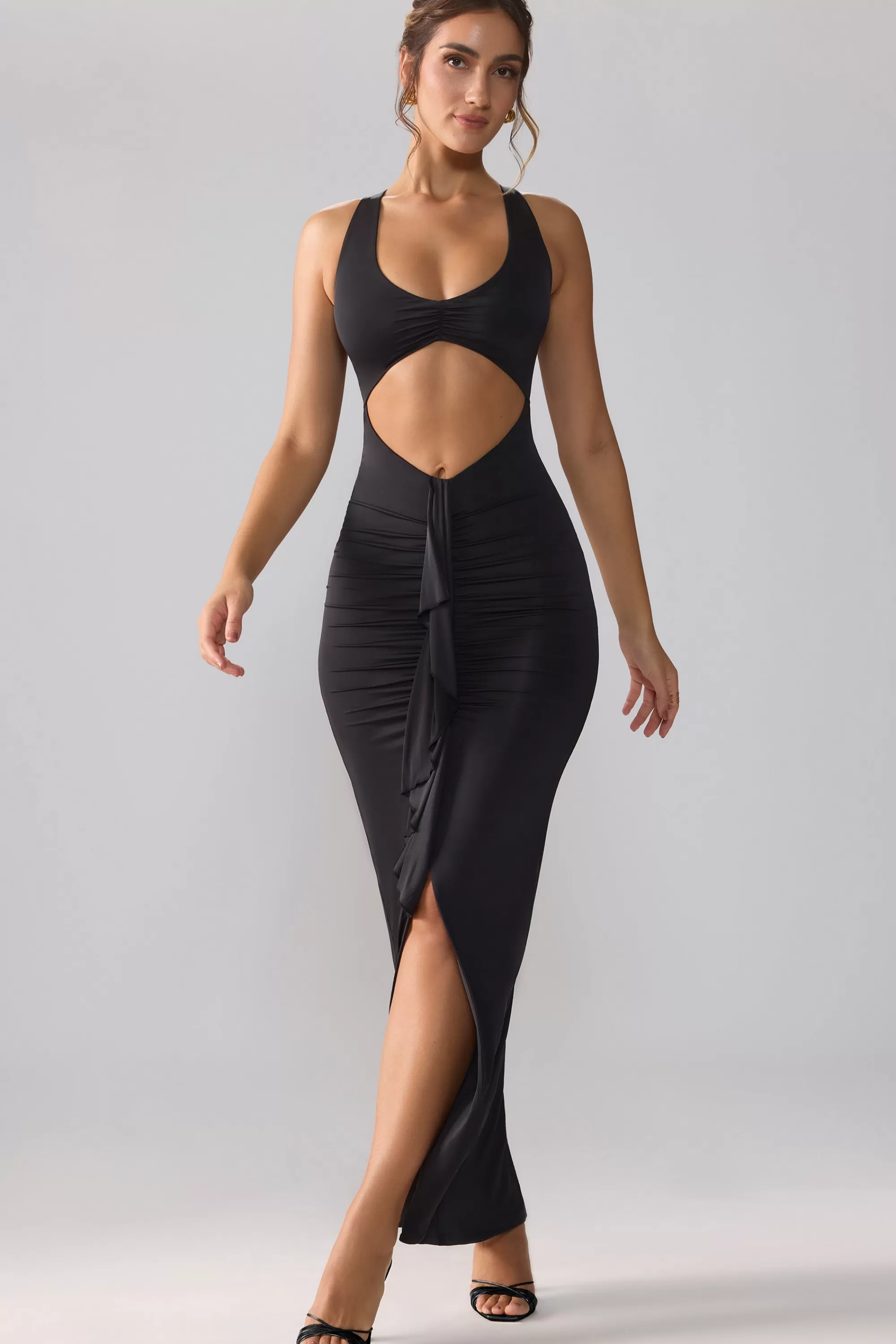 Oh Polly Slinky Jersey Cut Out Ruffle Racerback Maxi Dress in Black Fashion