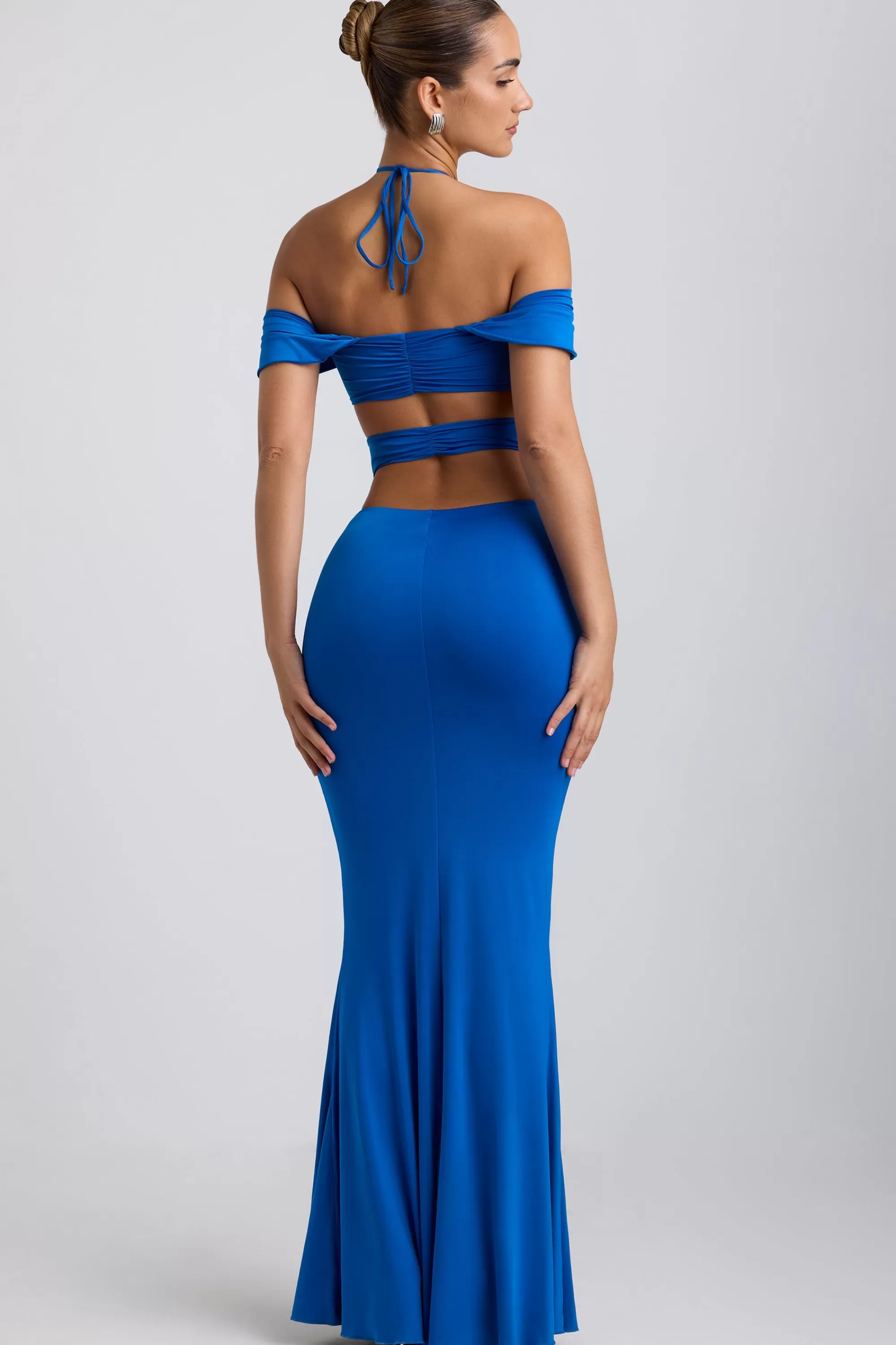 Oh Polly Slinky Jersey Cut-Out Halterneck Gown in Cobalt Blue CobaltBlue Clearance