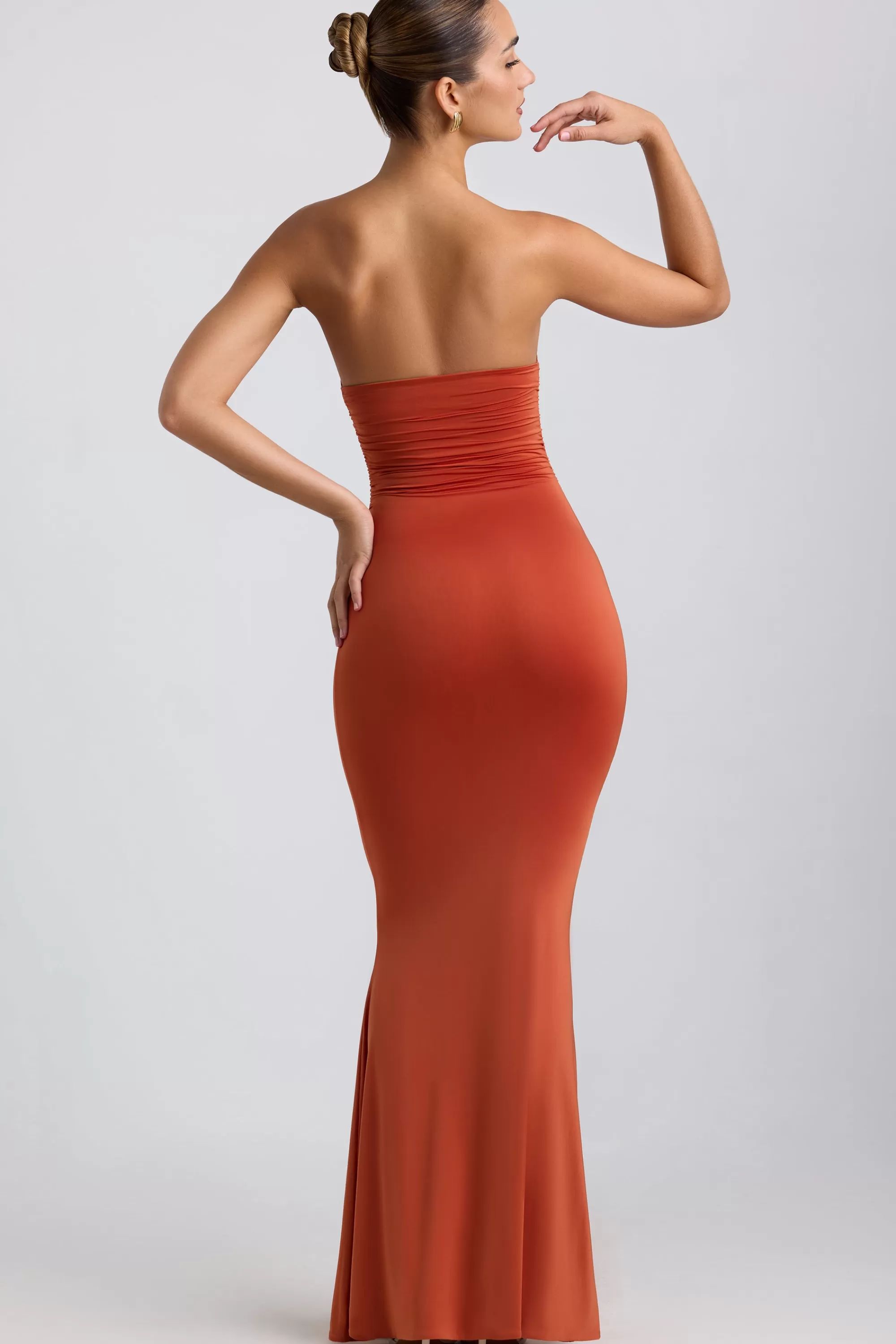 Oh Polly Slinky Jersey Hardware Detail Strapless Maxi Dress in Burnt Orange BurntOrange Clearance