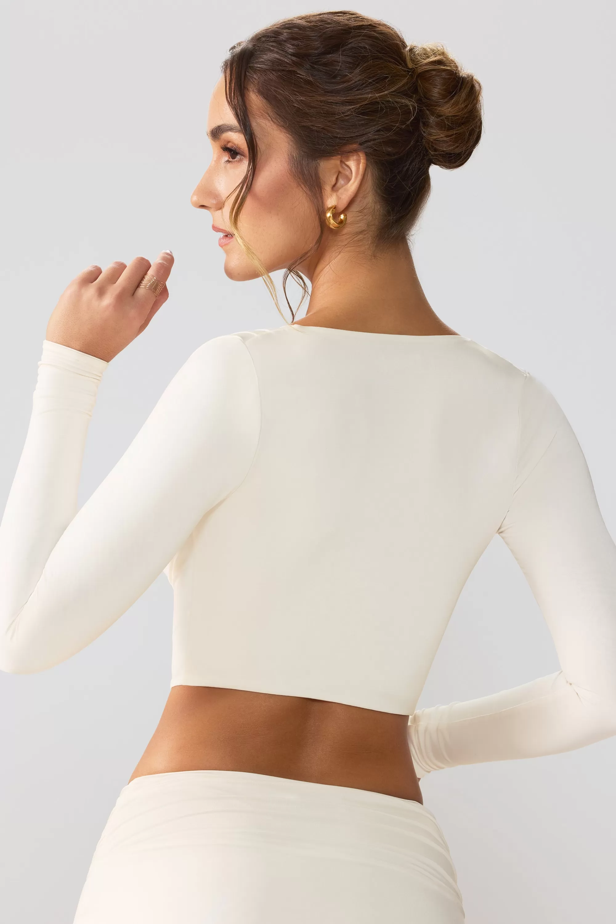 Oh Polly Slinky Jersey Plunge Neck Long Sleeve Crop Top Top in Ivory New