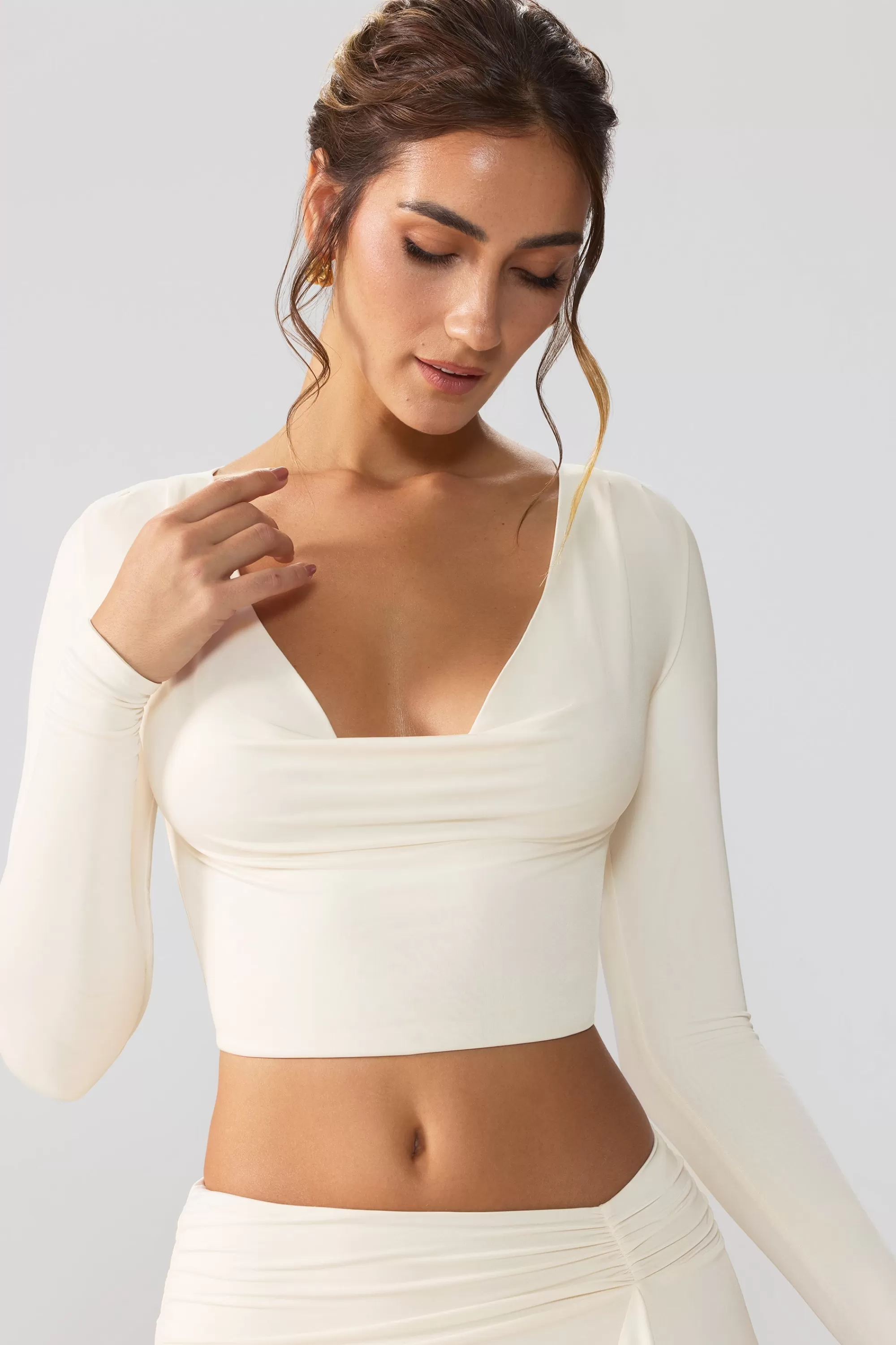 Oh Polly Slinky Jersey Plunge Neck Long Sleeve Crop Top Top in Ivory New