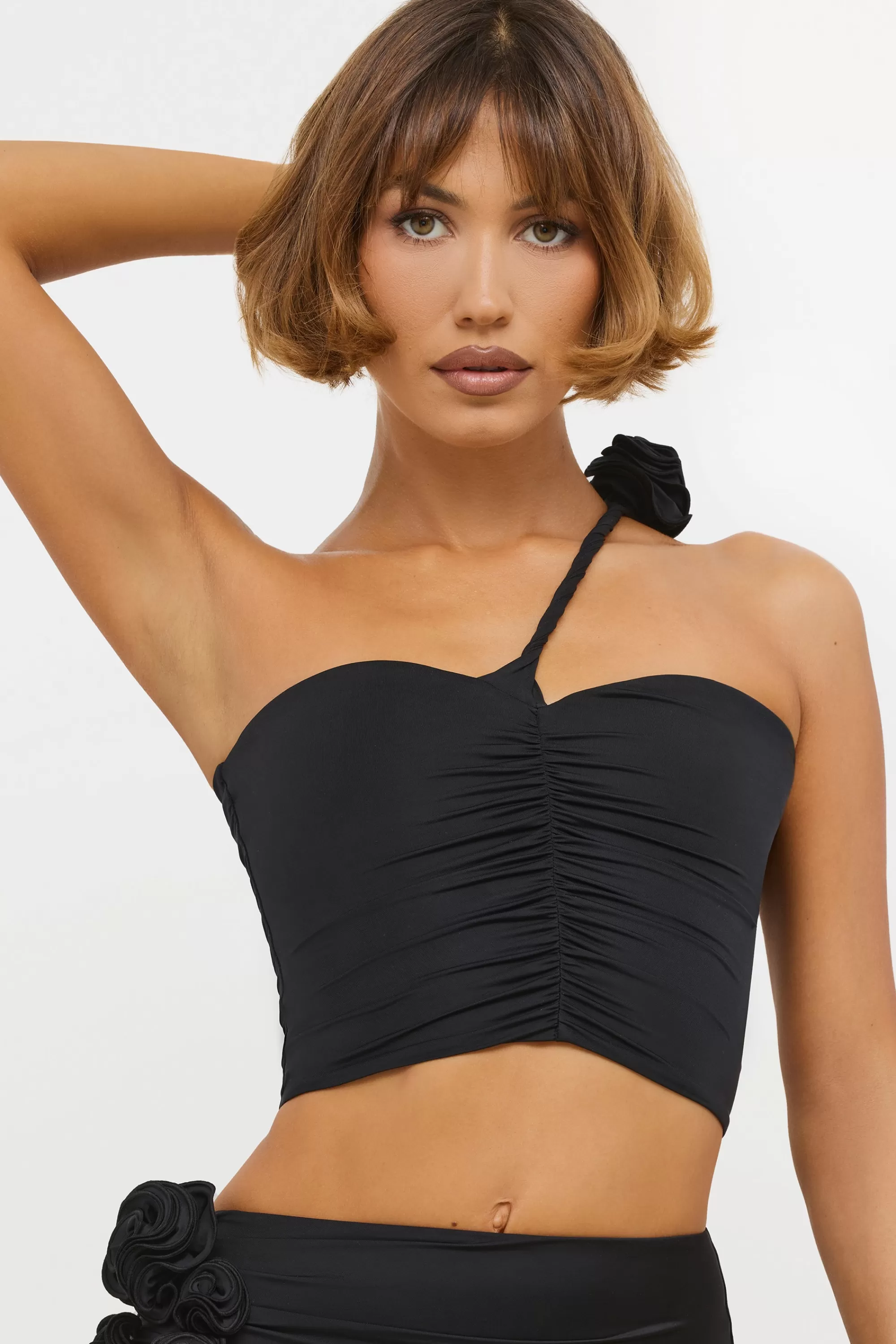 Oh Polly Slinky Jersey Rose Detail Asymmetric Top in Black Shop