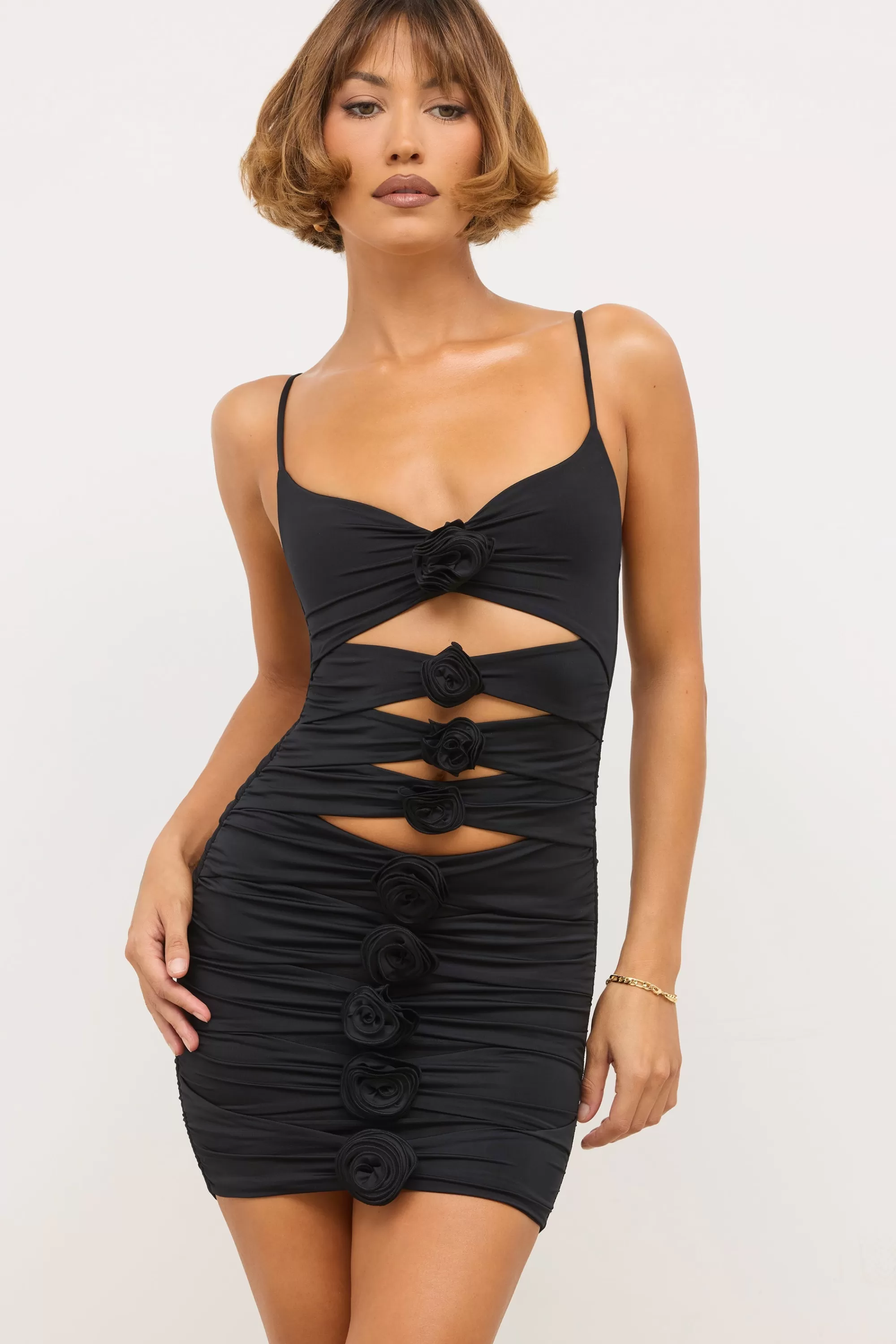 Oh Polly Slinky Jersey Rose Detail Cut Out Mini Dress in Black Online