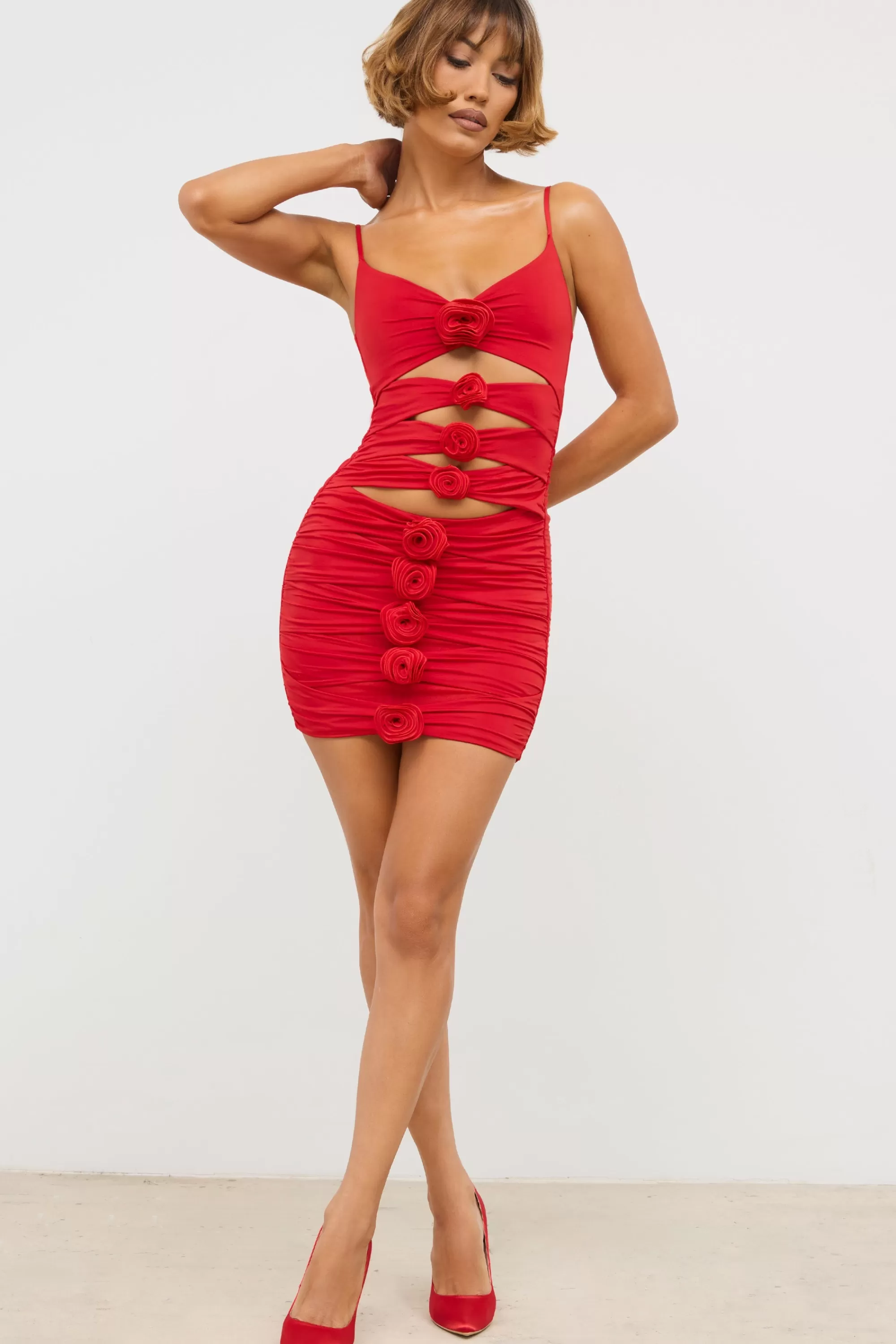 Oh Polly Slinky Jersey Rose Detail Cut Out Mini Dress in Scarlet Red ScarletRed Cheap