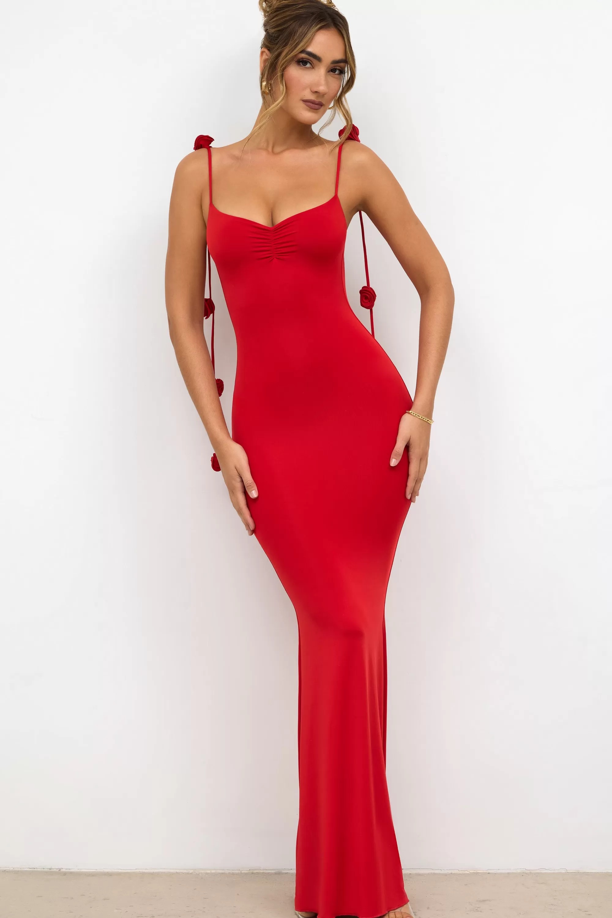 Oh Polly Slinky Jersey Rose Detail Evening Gown in Scarlet Red ScarletRed Shop