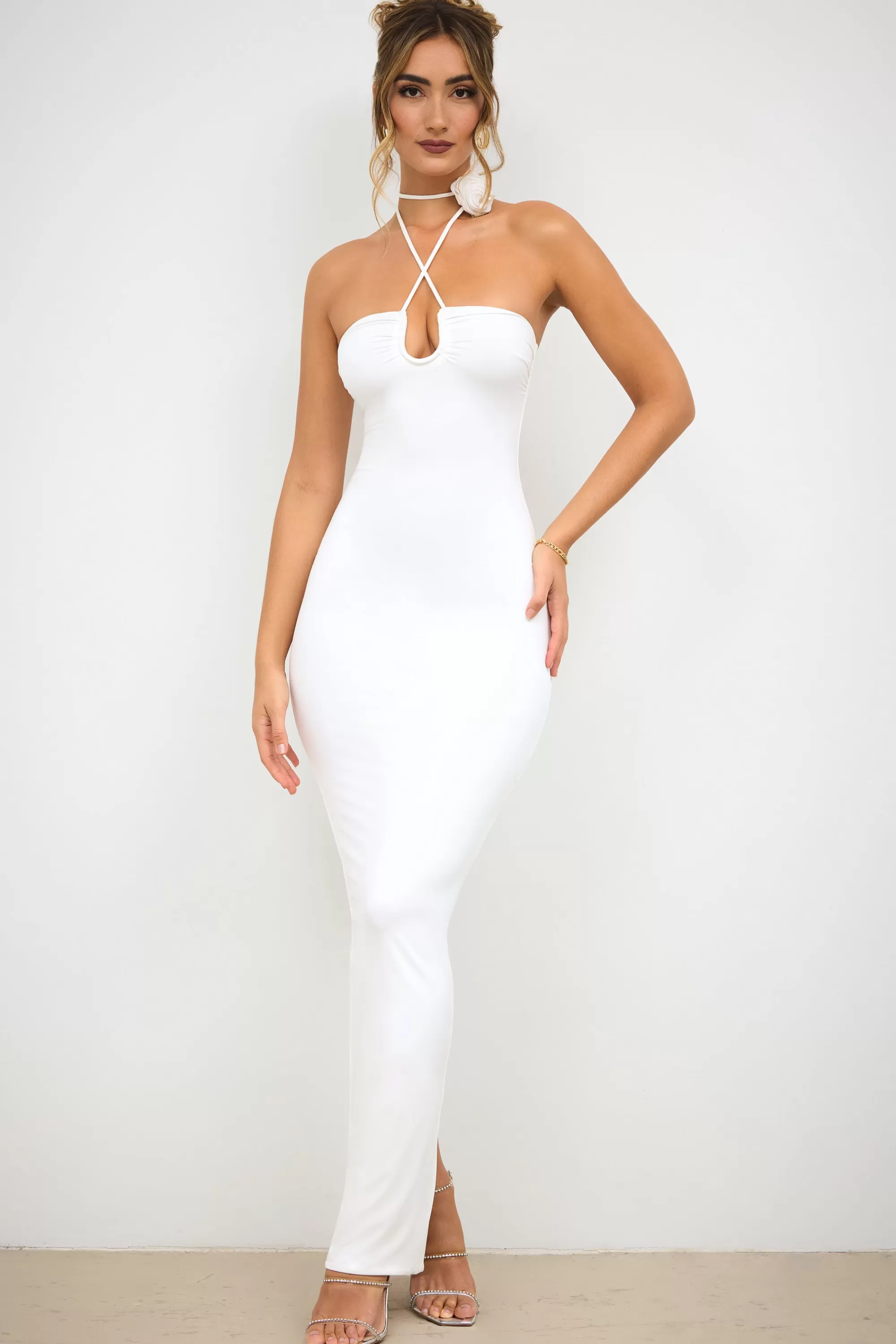 Oh Polly Slinky Jersey Rose Detail Halter Neck Maxi Dress in White Online