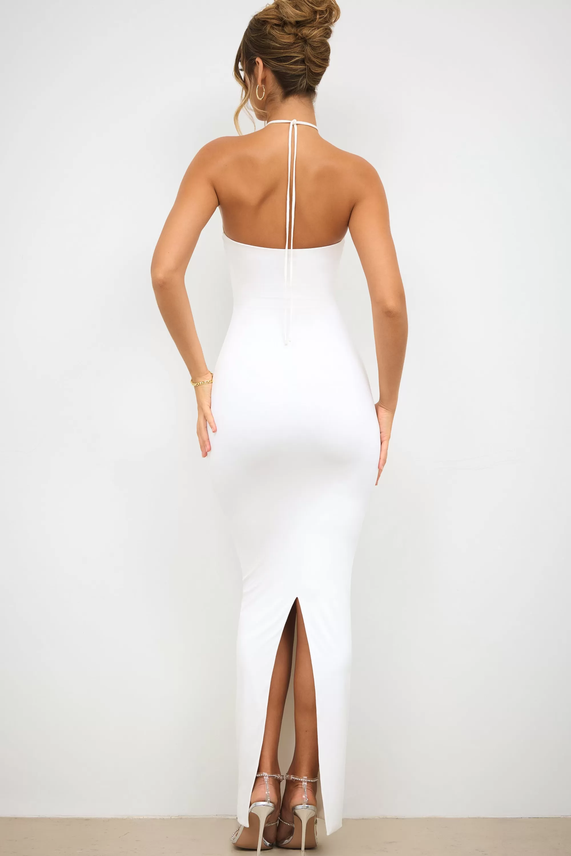 Oh Polly Slinky Jersey Rose Detail Halter Neck Maxi Dress in White Online