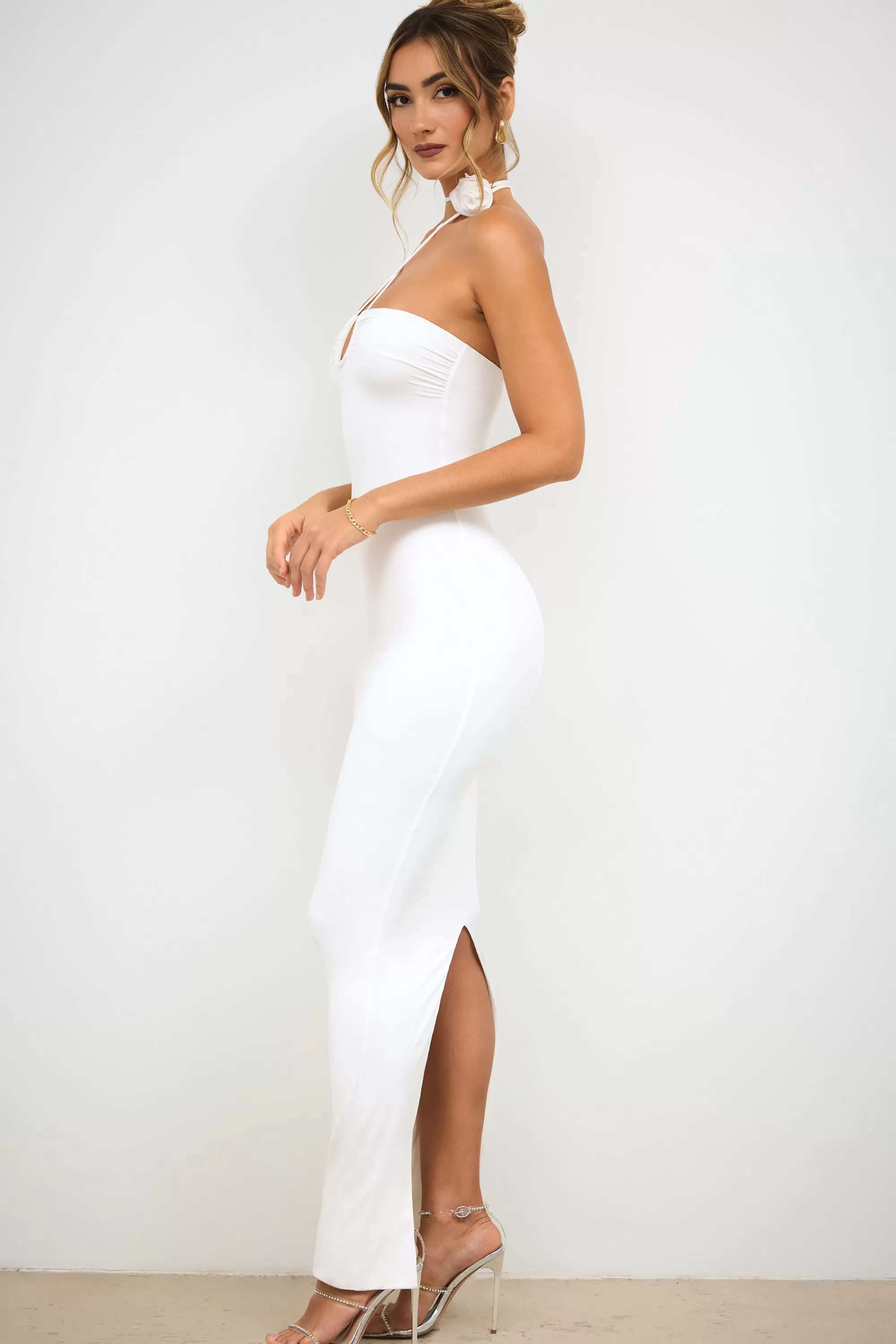 Oh Polly Slinky Jersey Rose Detail Halter Neck Maxi Dress in White Online