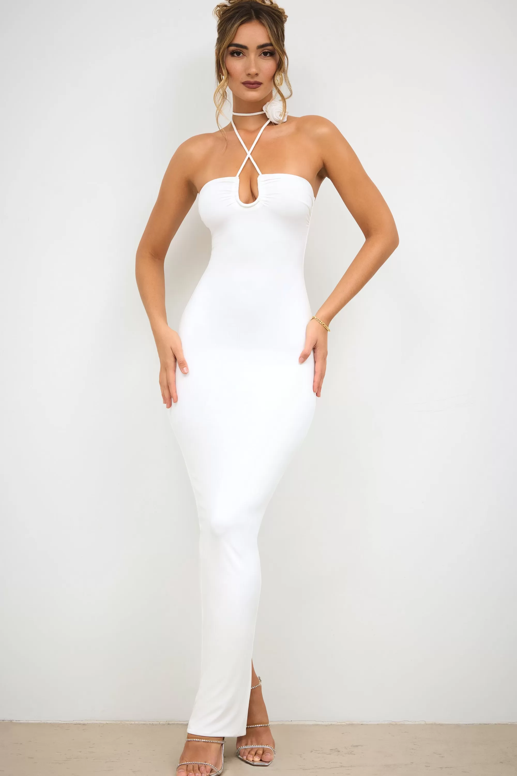 Oh Polly Slinky Jersey Rose Detail Halter Neck Maxi Dress in White Online