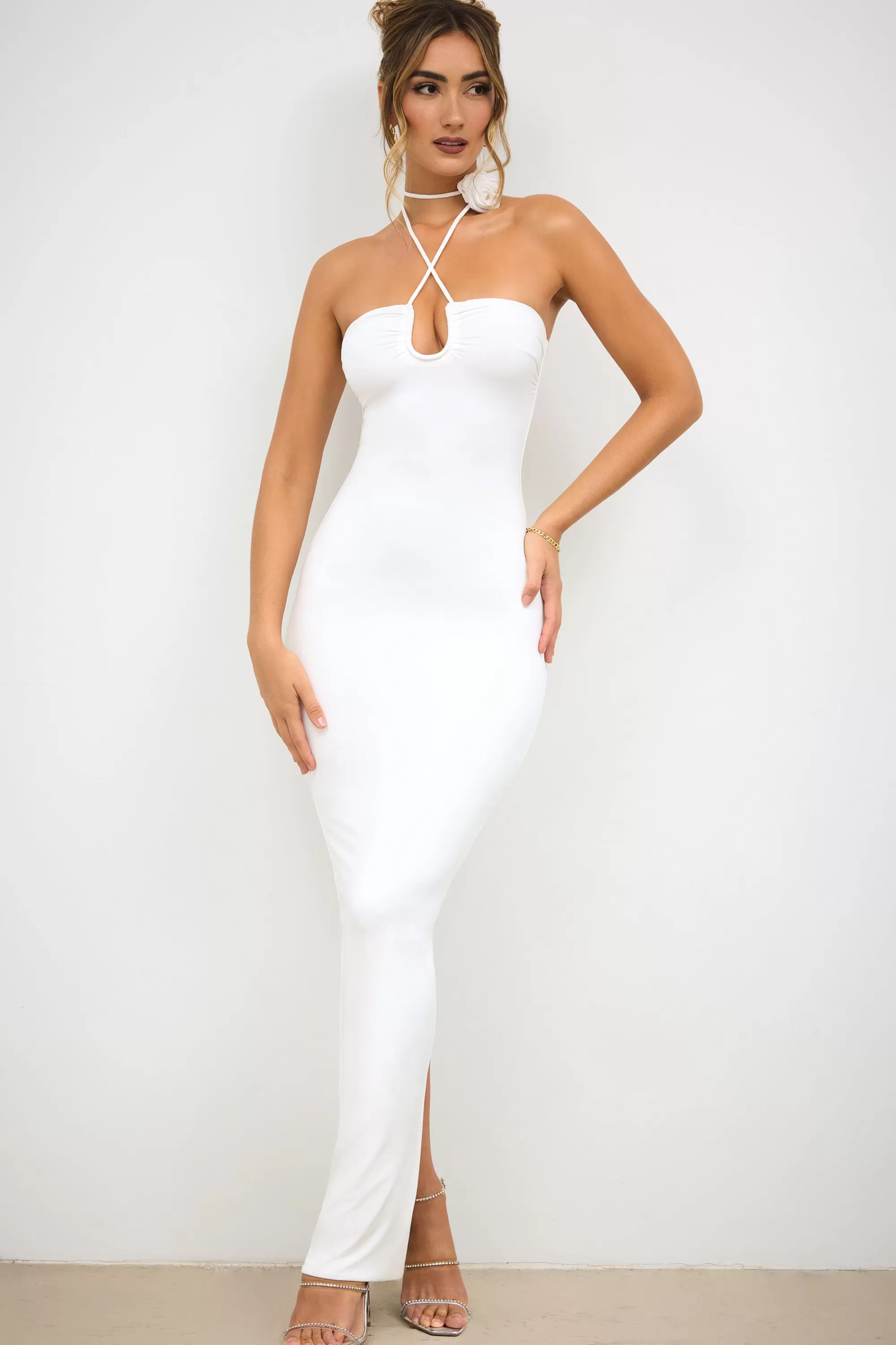 Oh Polly Slinky Jersey Rose Detail Halter Neck Maxi Dress in White Online