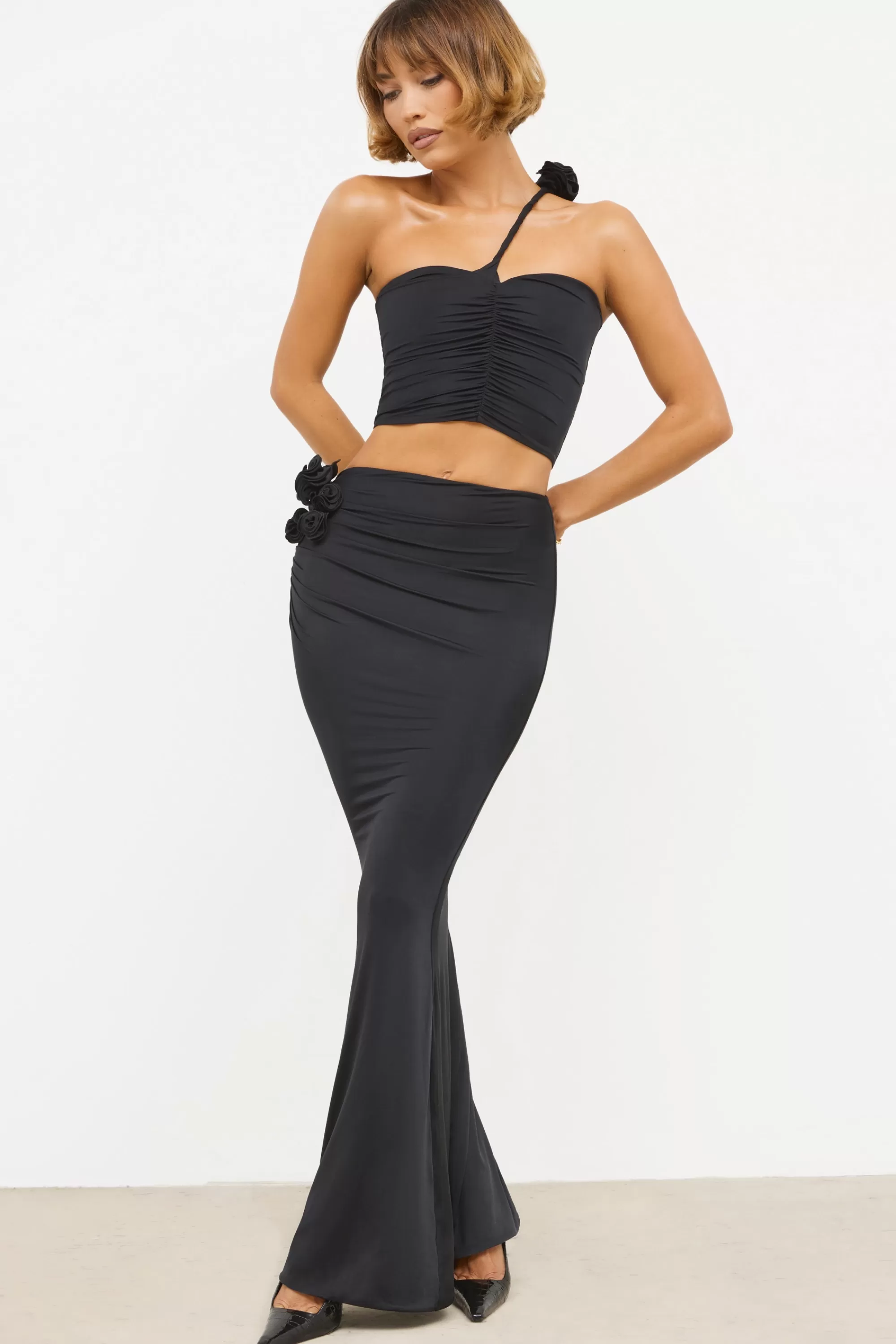 Oh Polly Slinky Jersey Rose Detail Mid-Rise Maxi Skirt in Black Online