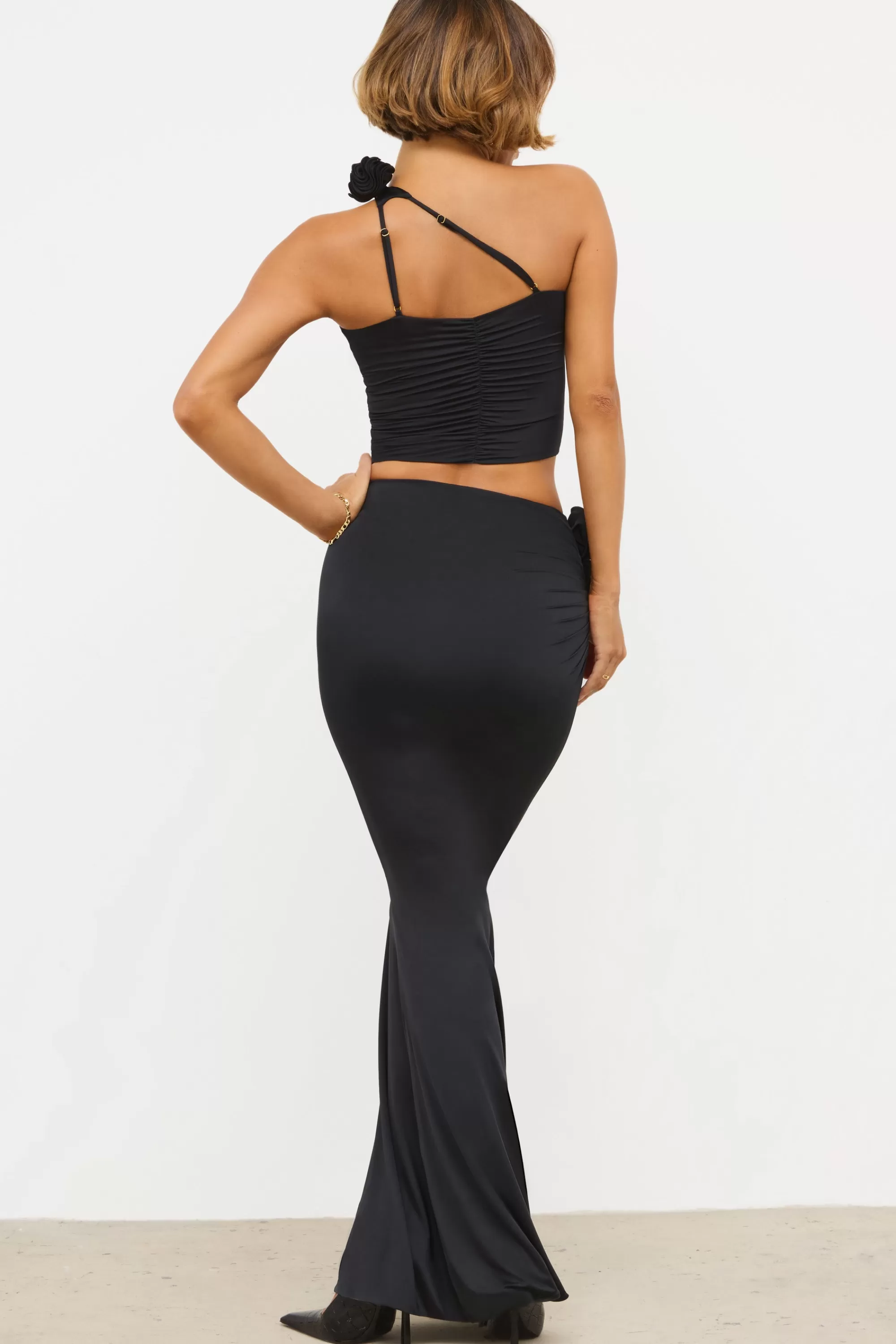 Oh Polly Slinky Jersey Rose Detail Mid-Rise Maxi Skirt in Black Online