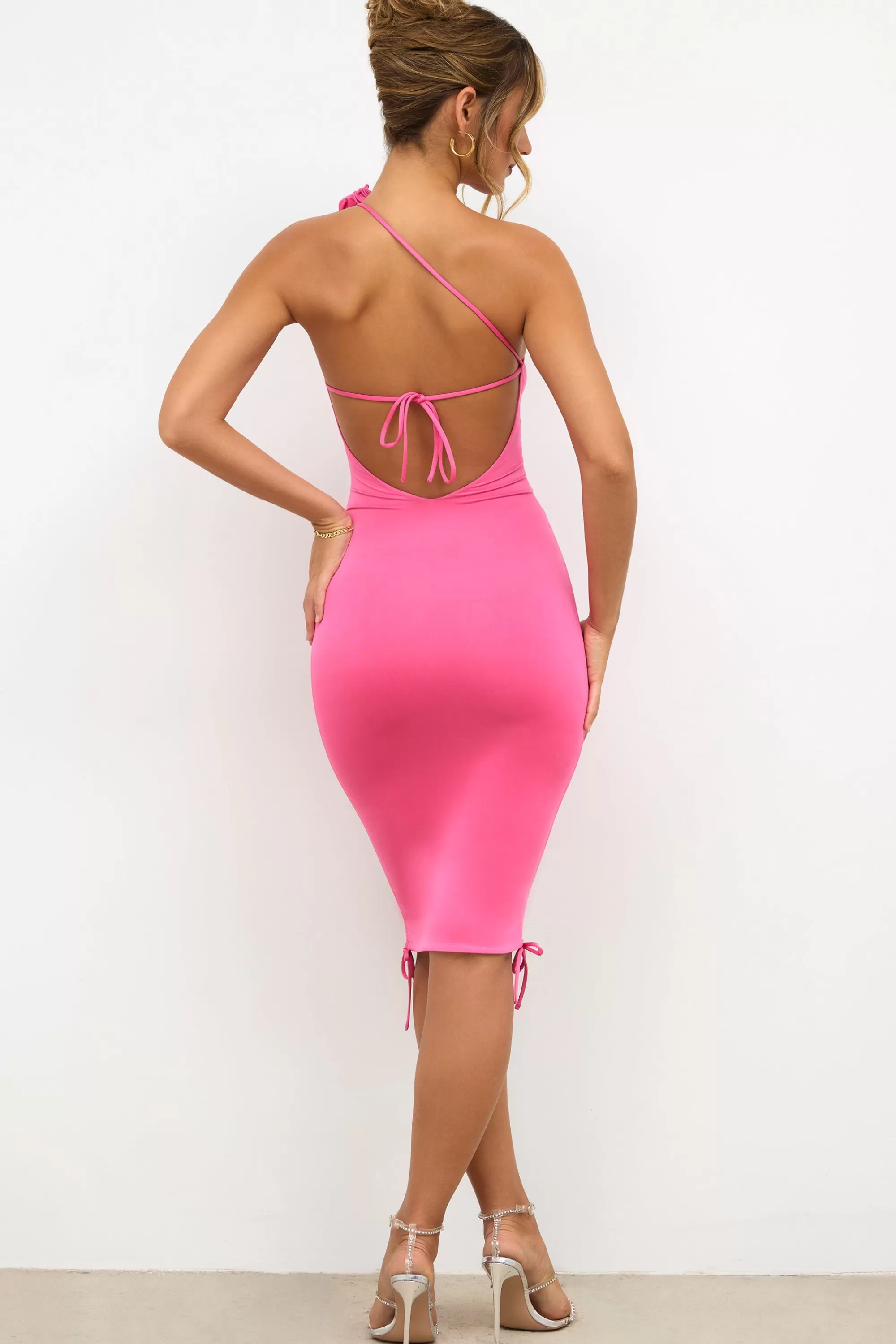 Oh Polly Slinky Jersey Rose Detail Ruched Mini Dress in Rose Pink RosePink Cheap