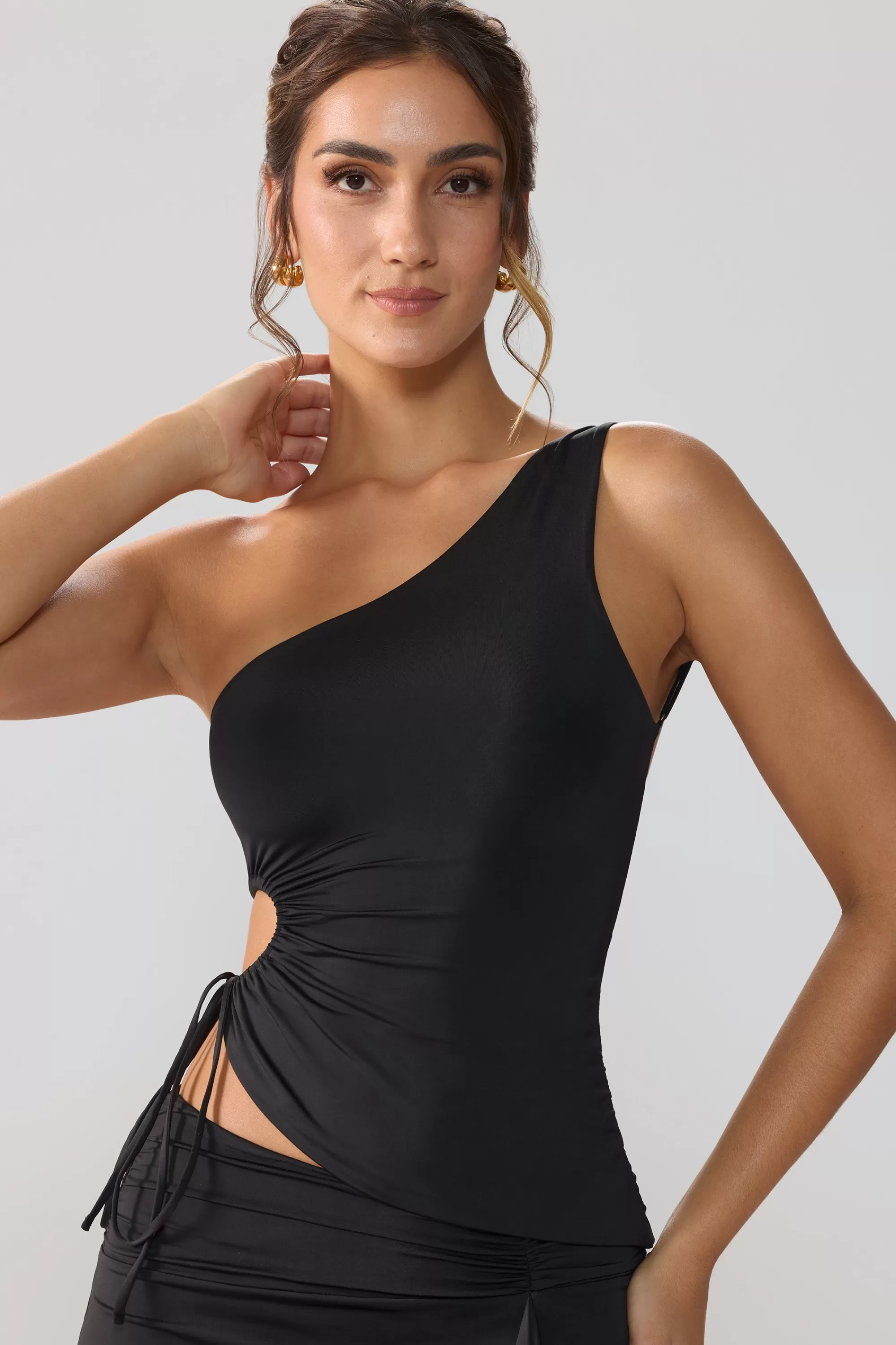 Oh Polly Slinky Jersey Ruched Cut Out One Shoulder Top in Black Cheap