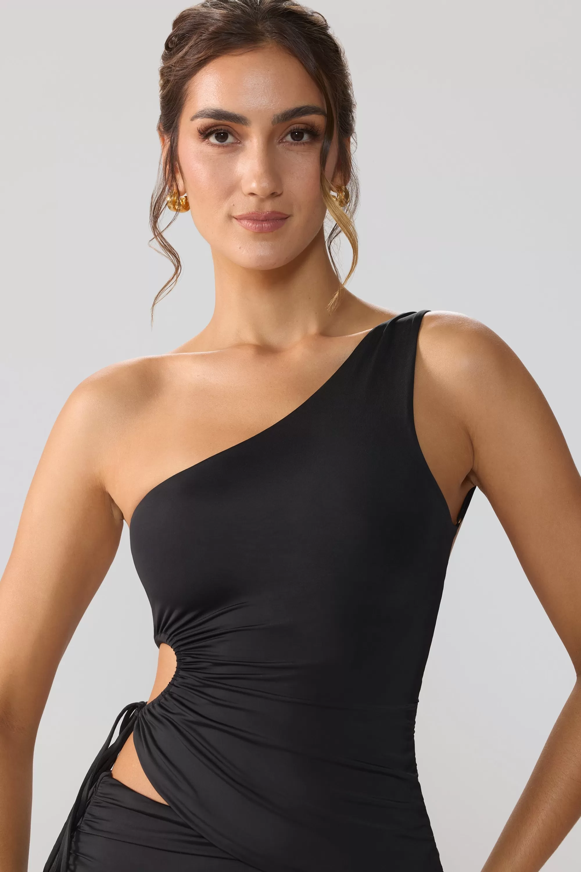 Oh Polly Slinky Jersey Ruched Cut Out One Shoulder Top in Black Cheap