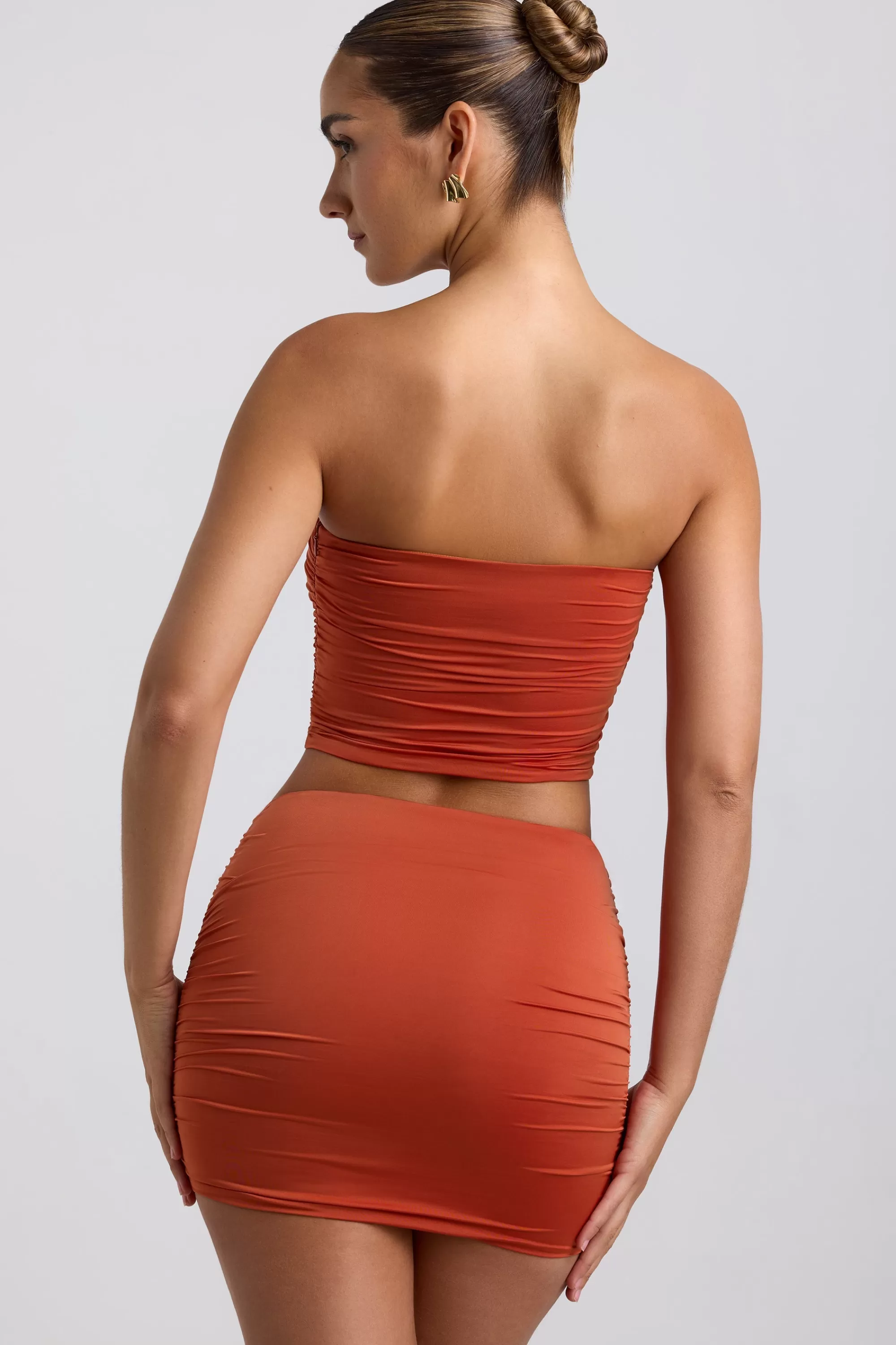 Oh Polly Slinky Jersey Ruched Micro Mini Skirt in Burnt Orange BurntOrange Flash Sale