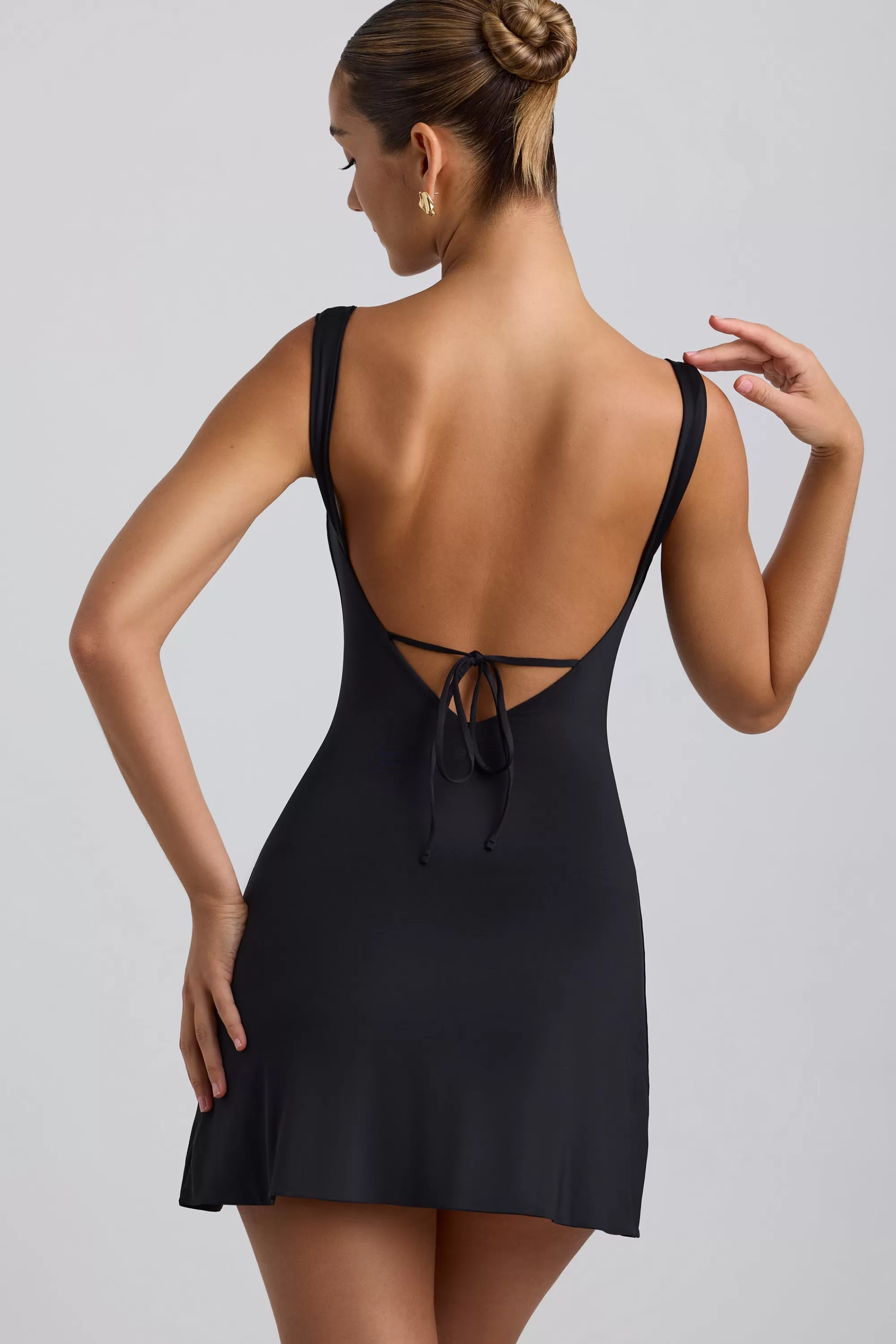 Oh Polly Slinky Jersey Ruched V-Back Mini Dress in Black Store