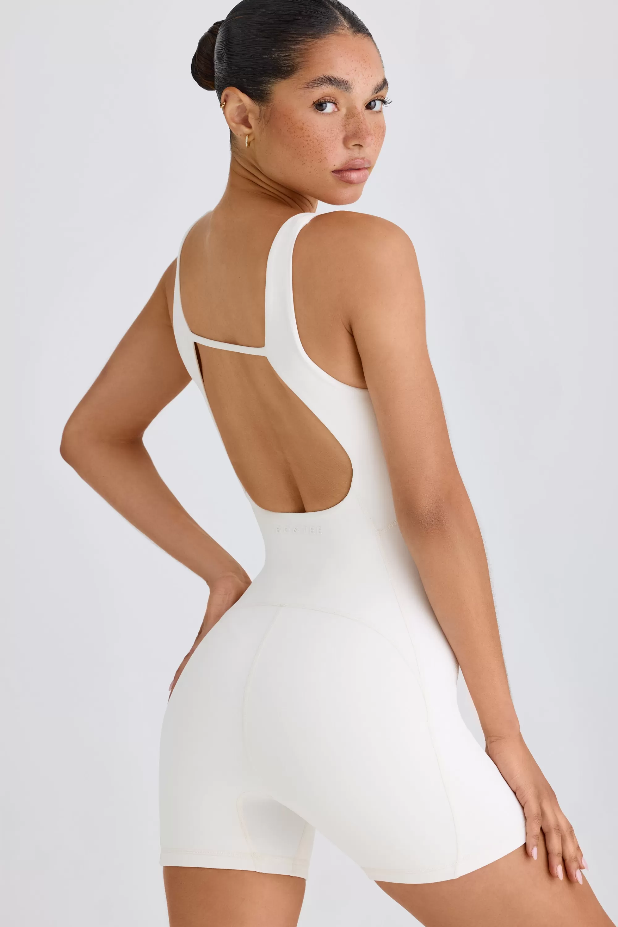 Oh Polly Soft Active Open-Back Unitard in White Cheap