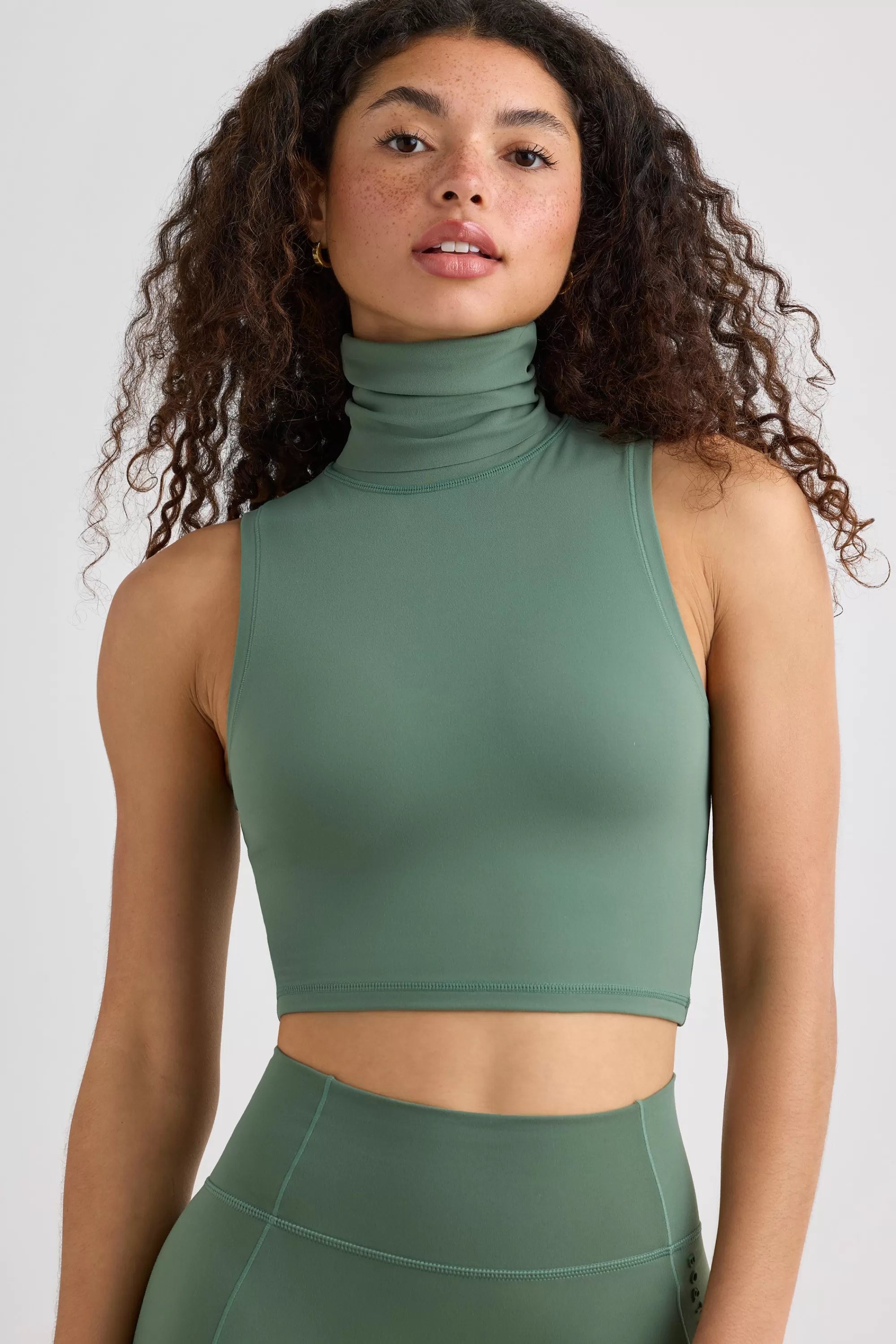 Oh Polly Soft Active Turtleneck Tank Top in Khaki Clearance