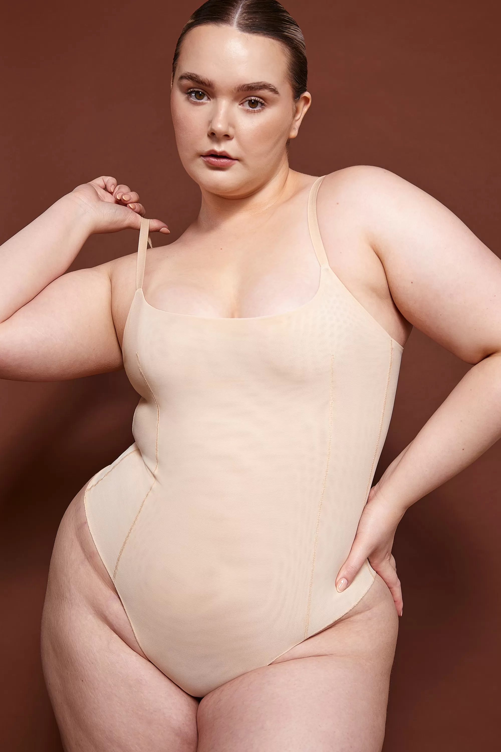 Oh Polly Soft Mesh Bodysuit in Beige Best