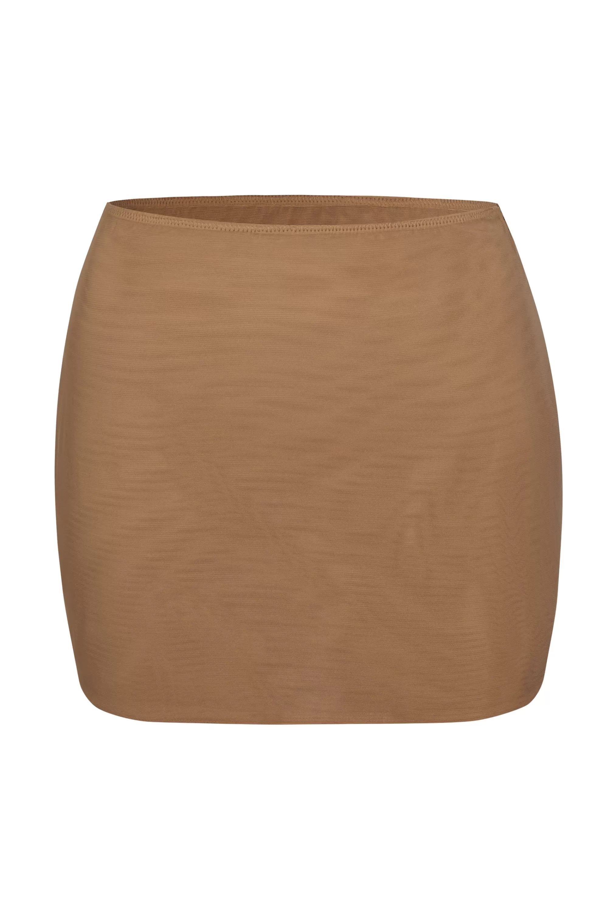 Oh Polly Soft Mesh Low-Rise Micro Mini Slip Skirt in Almond Hot