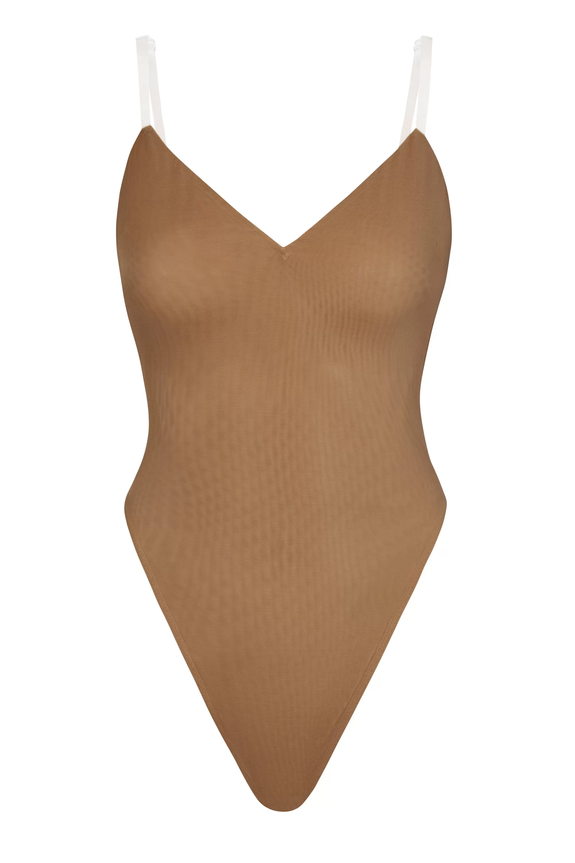 Oh Polly Soft Mesh V-Neck Bodysuit in Almond Best