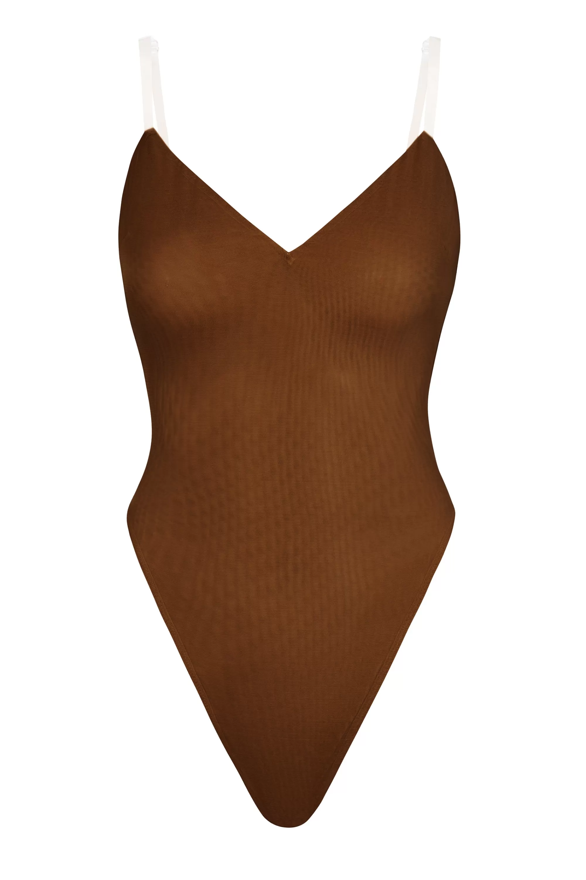 Oh Polly Soft Mesh V-Neck Bodysuit in Chestnut Cheap