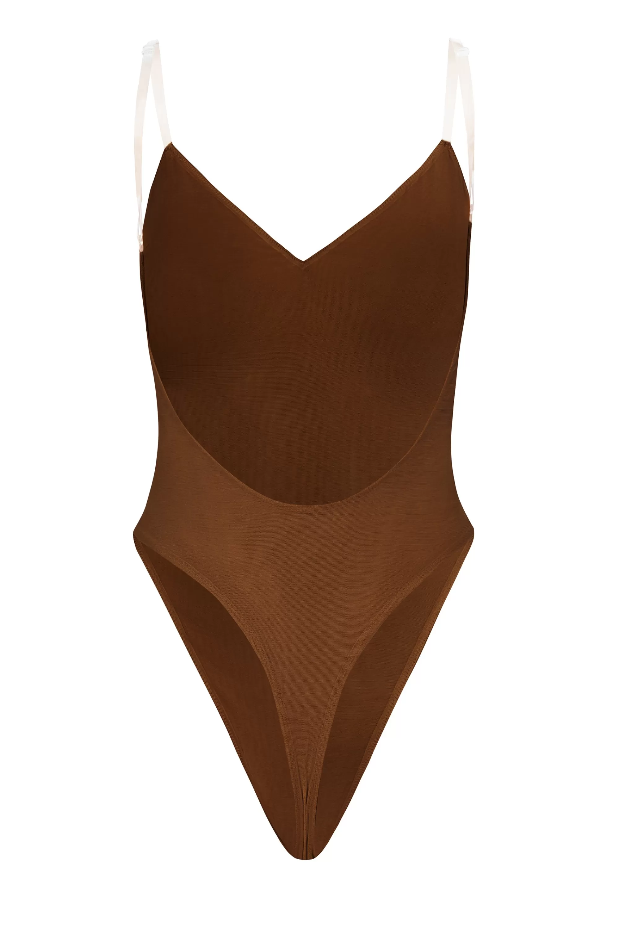 Oh Polly Soft Mesh V-Neck Bodysuit in Chestnut Cheap