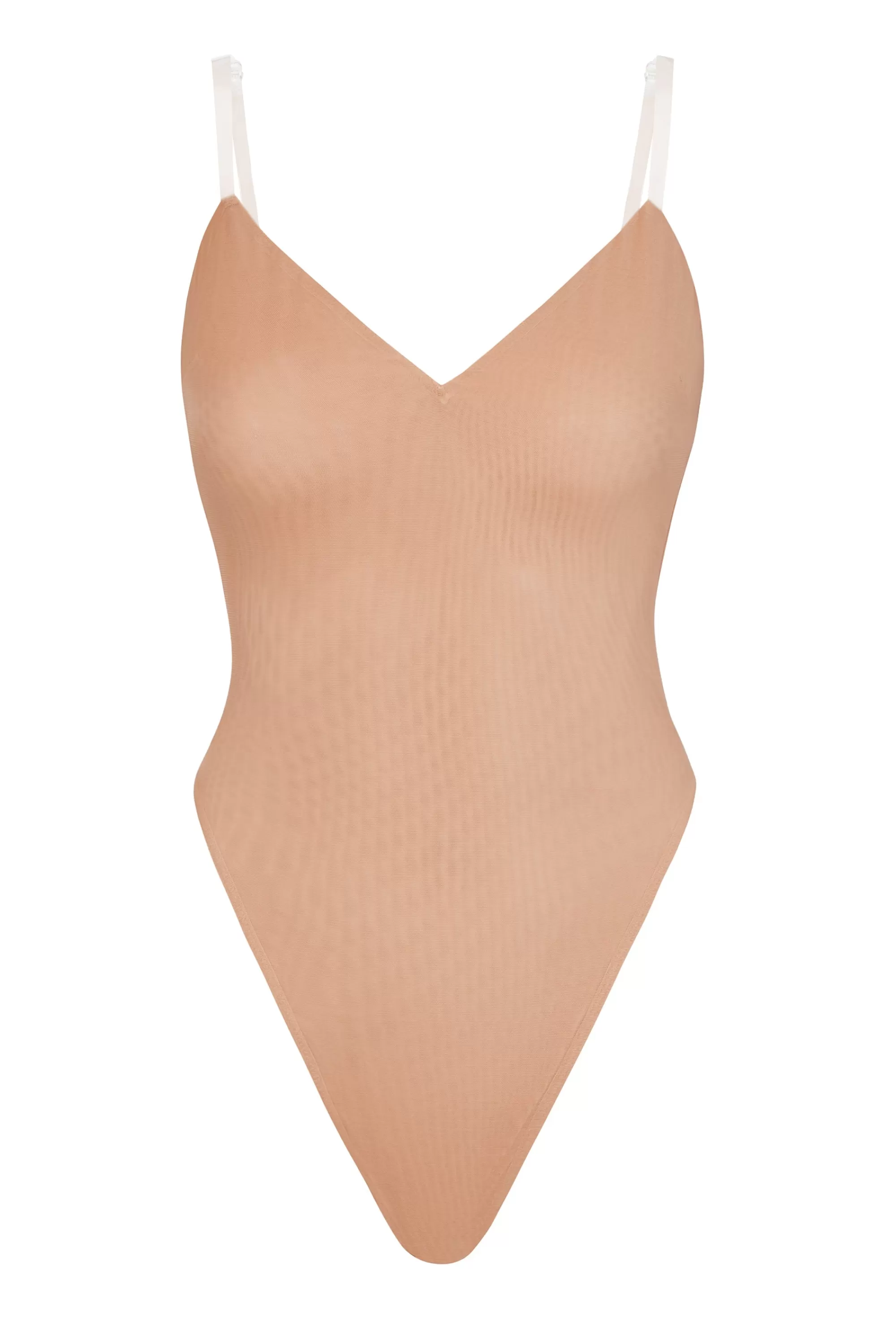 Oh Polly Soft Mesh V-Neck Bodysuit in Warm Peach WarmPeach Best Sale