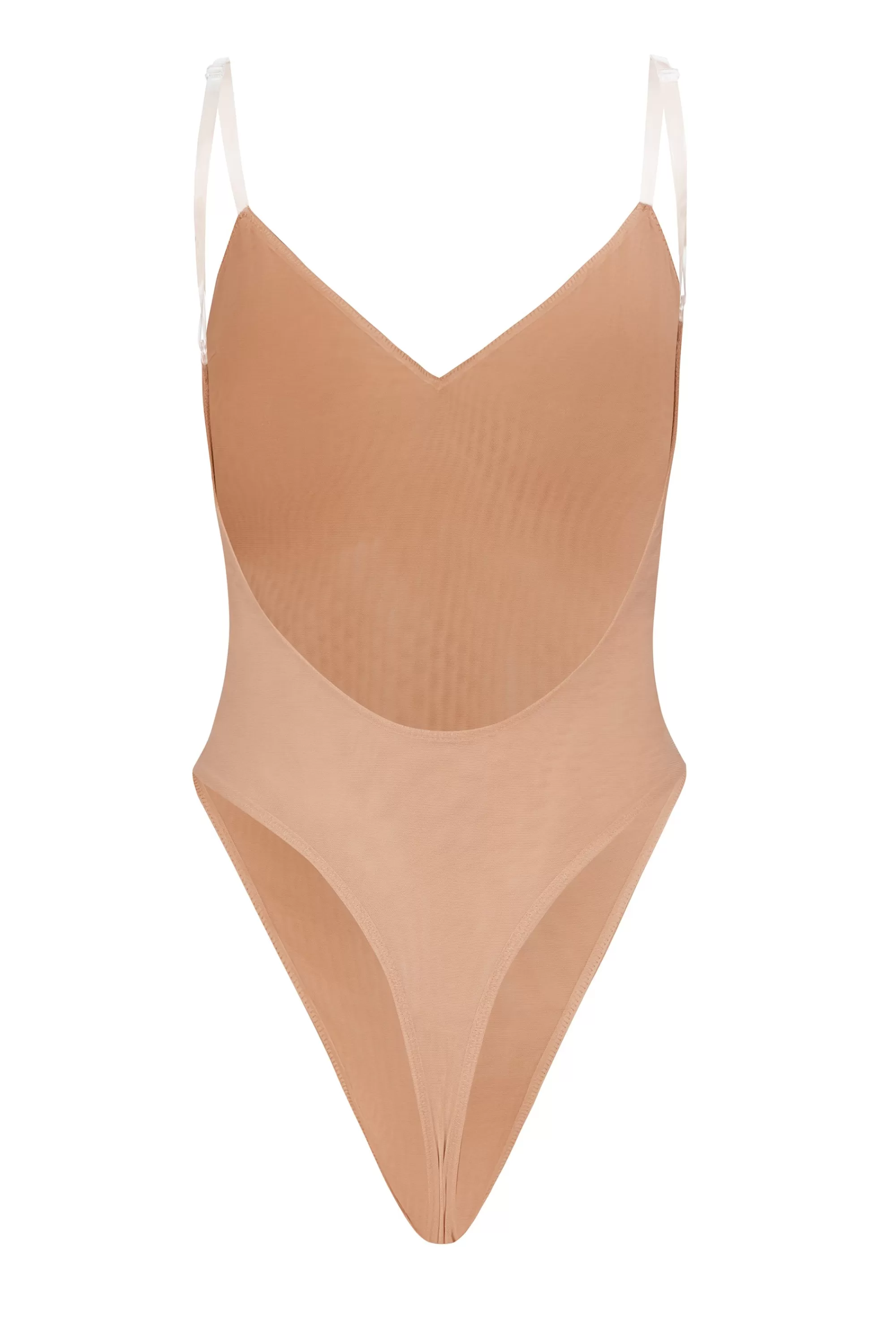 Oh Polly Soft Mesh V-Neck Bodysuit in Warm Peach WarmPeach Best Sale