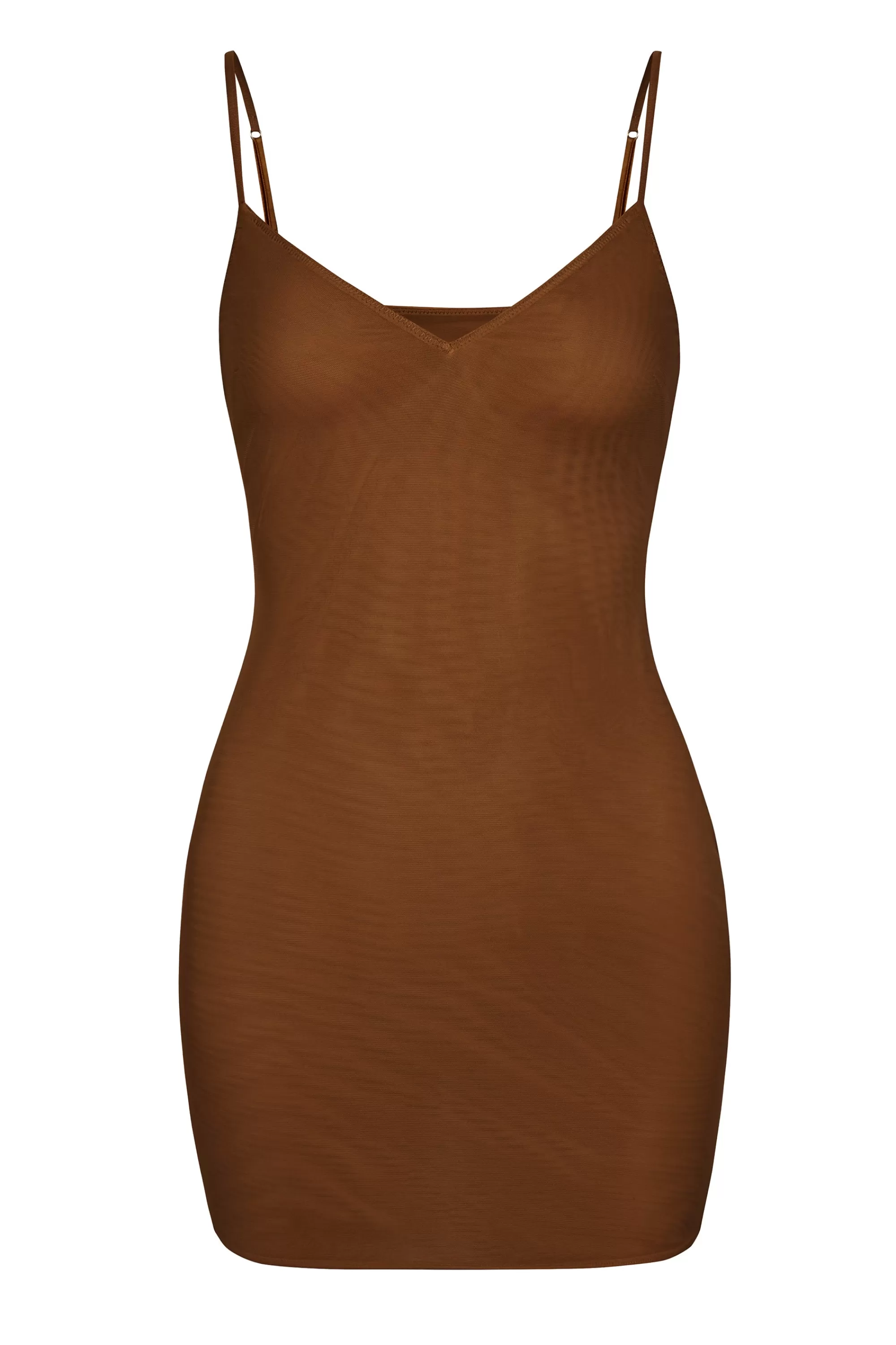 Oh Polly Soft Mesh V-Neck Mini Slip Dress in Chestnut Sale