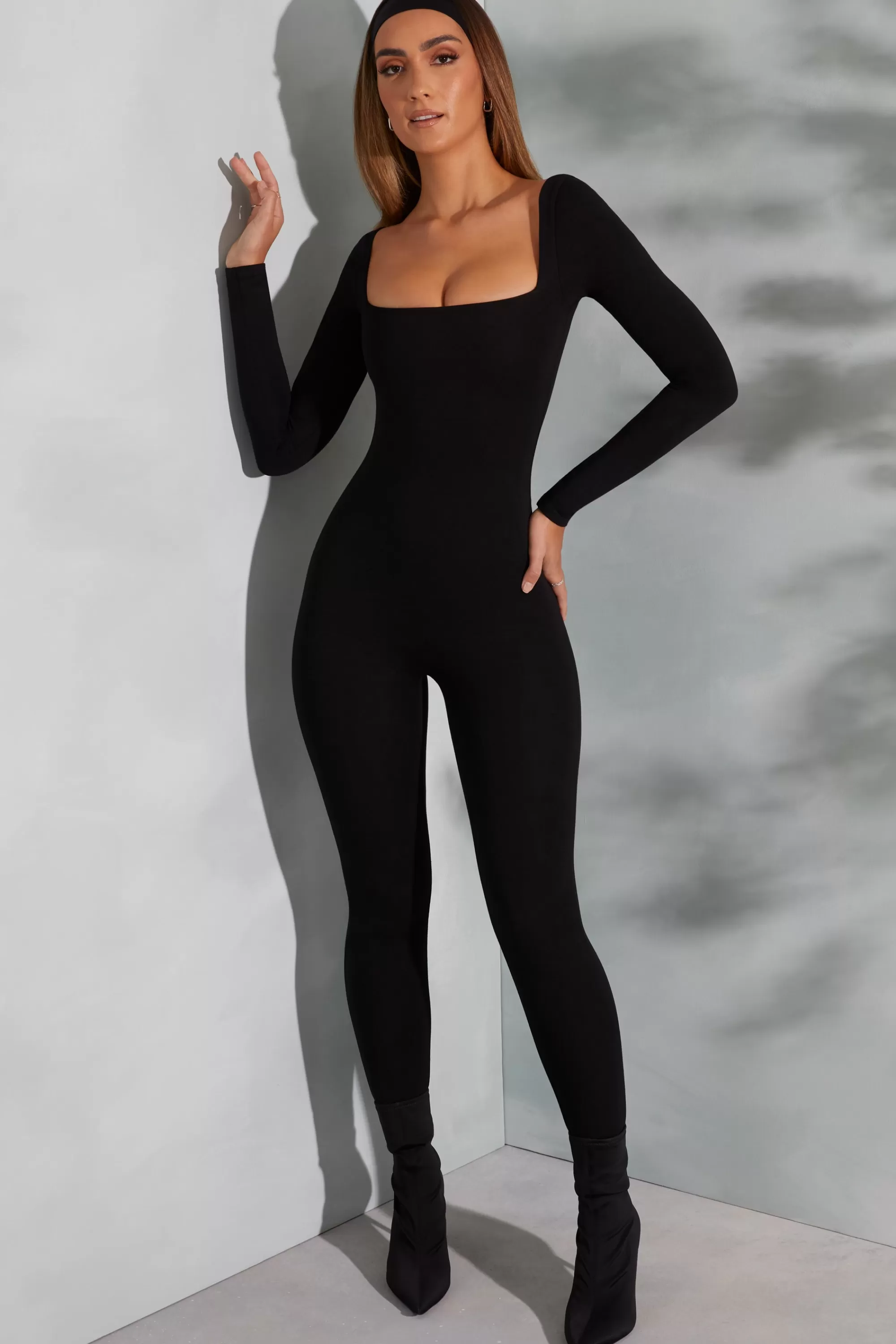 Oh Polly Square Neck Long Sleeve Jumpsuit in Black Shop