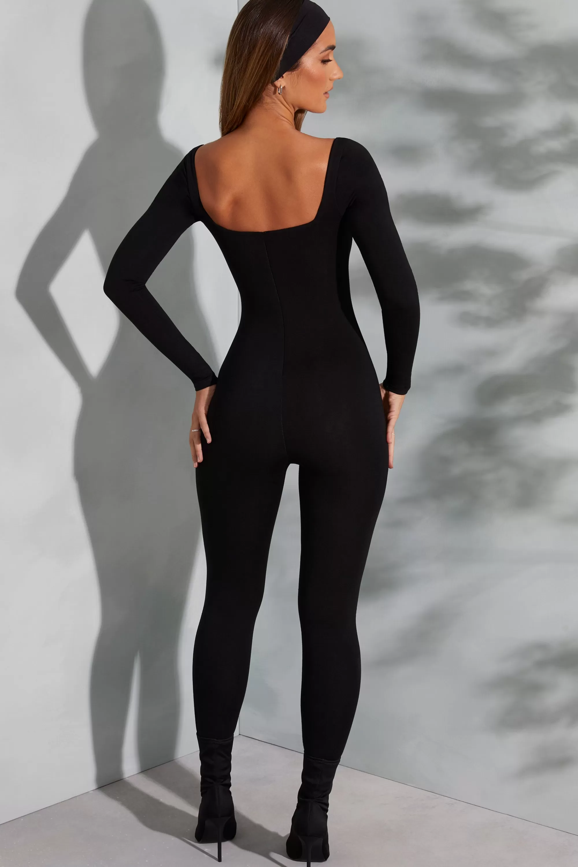 Oh Polly Square Neck Long Sleeve Jumpsuit in Black Shop