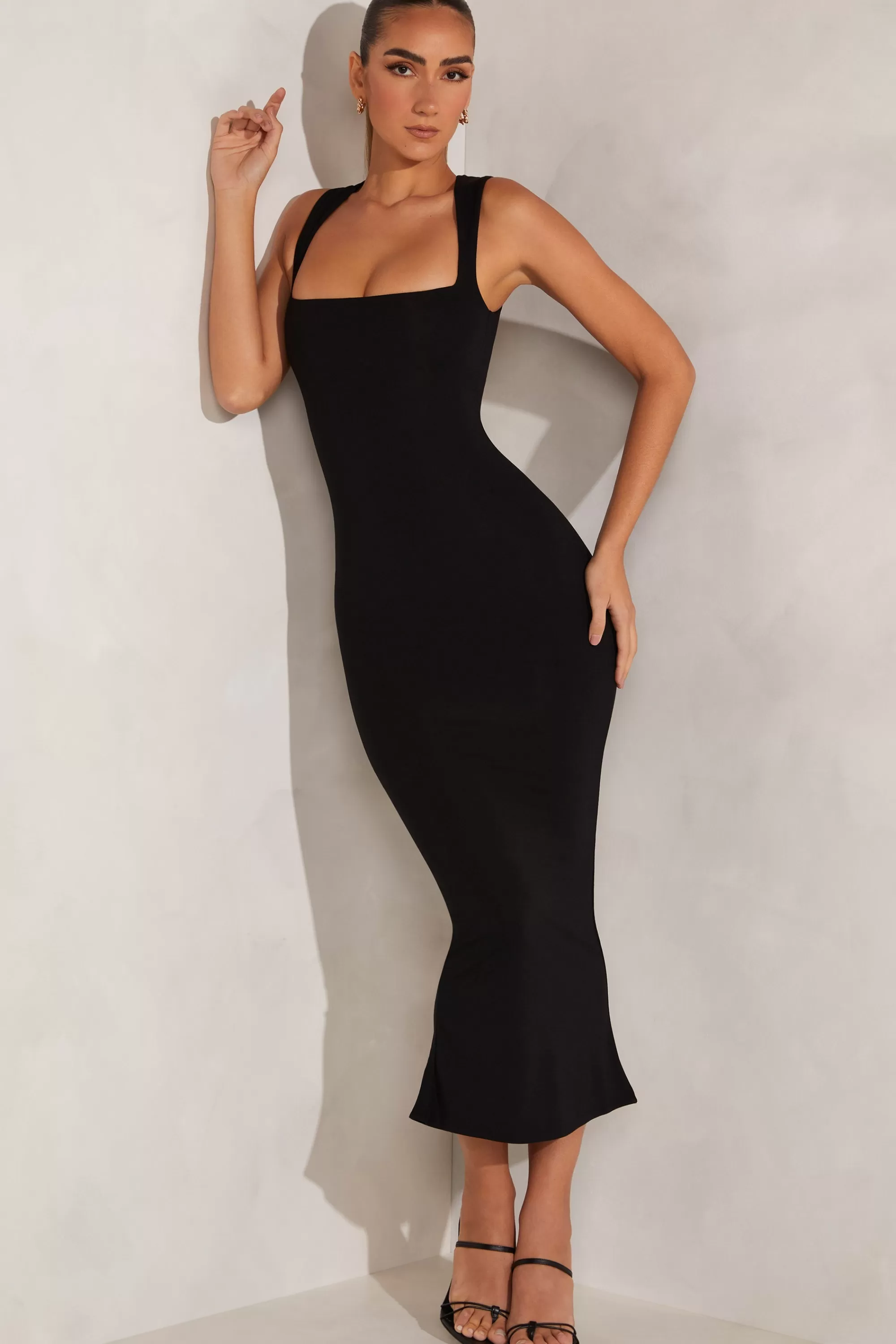 Oh Polly Square Neck Midi Dress in Black Clearance