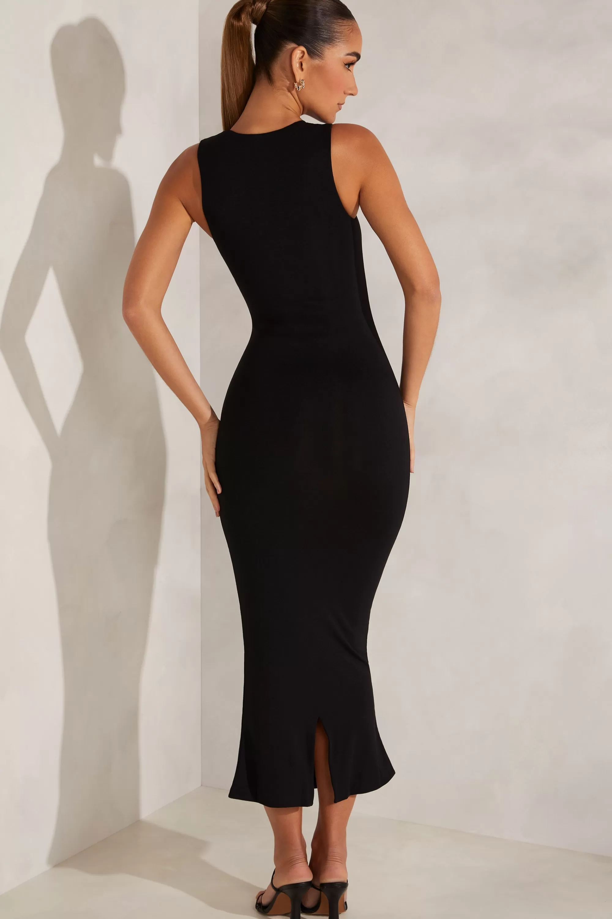 Oh Polly Square Neck Midi Dress in Black Clearance