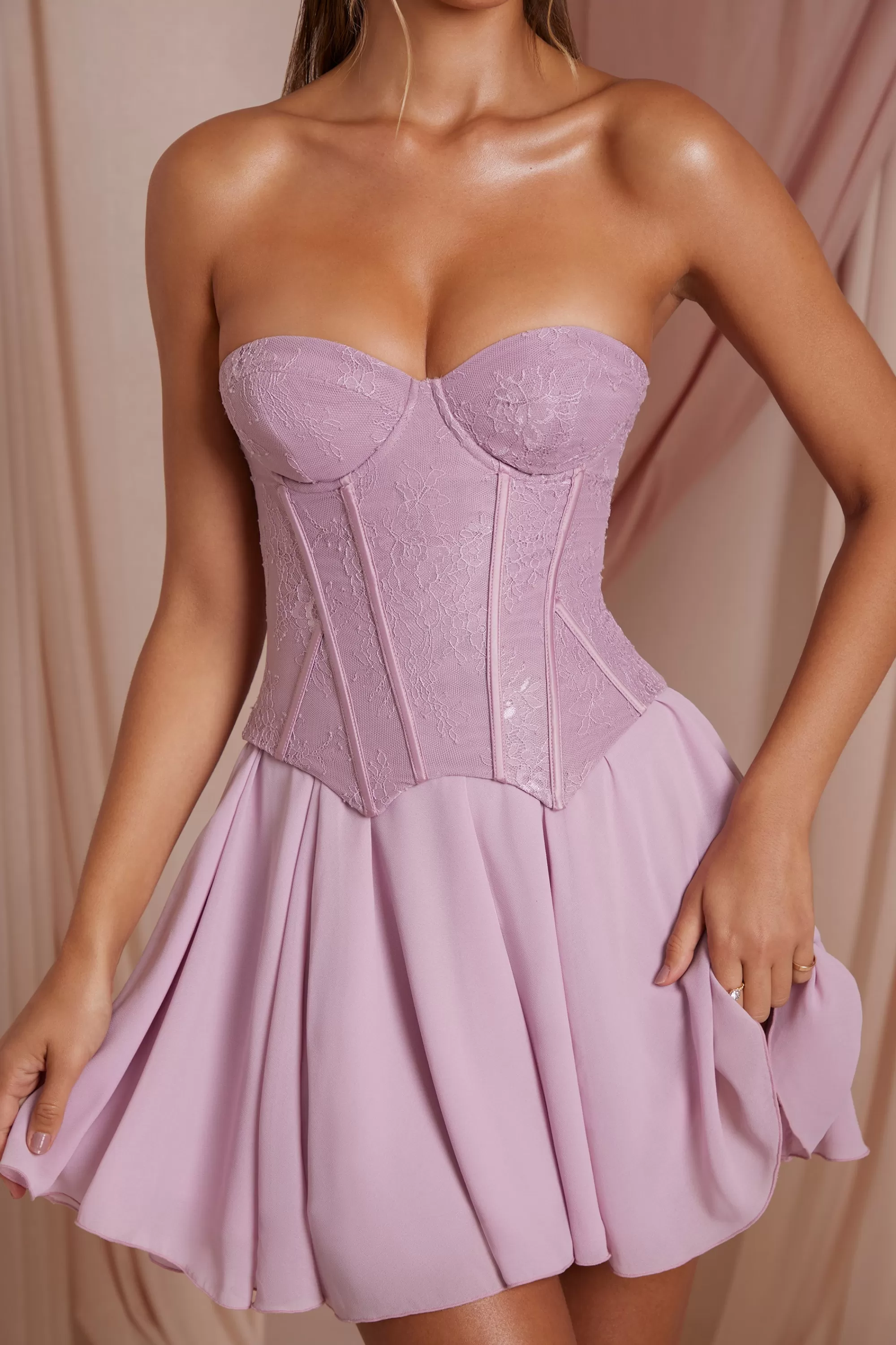 Oh Polly Strapless Lace Corset Mini Dress in Dusty Pink DustyPink Cheap