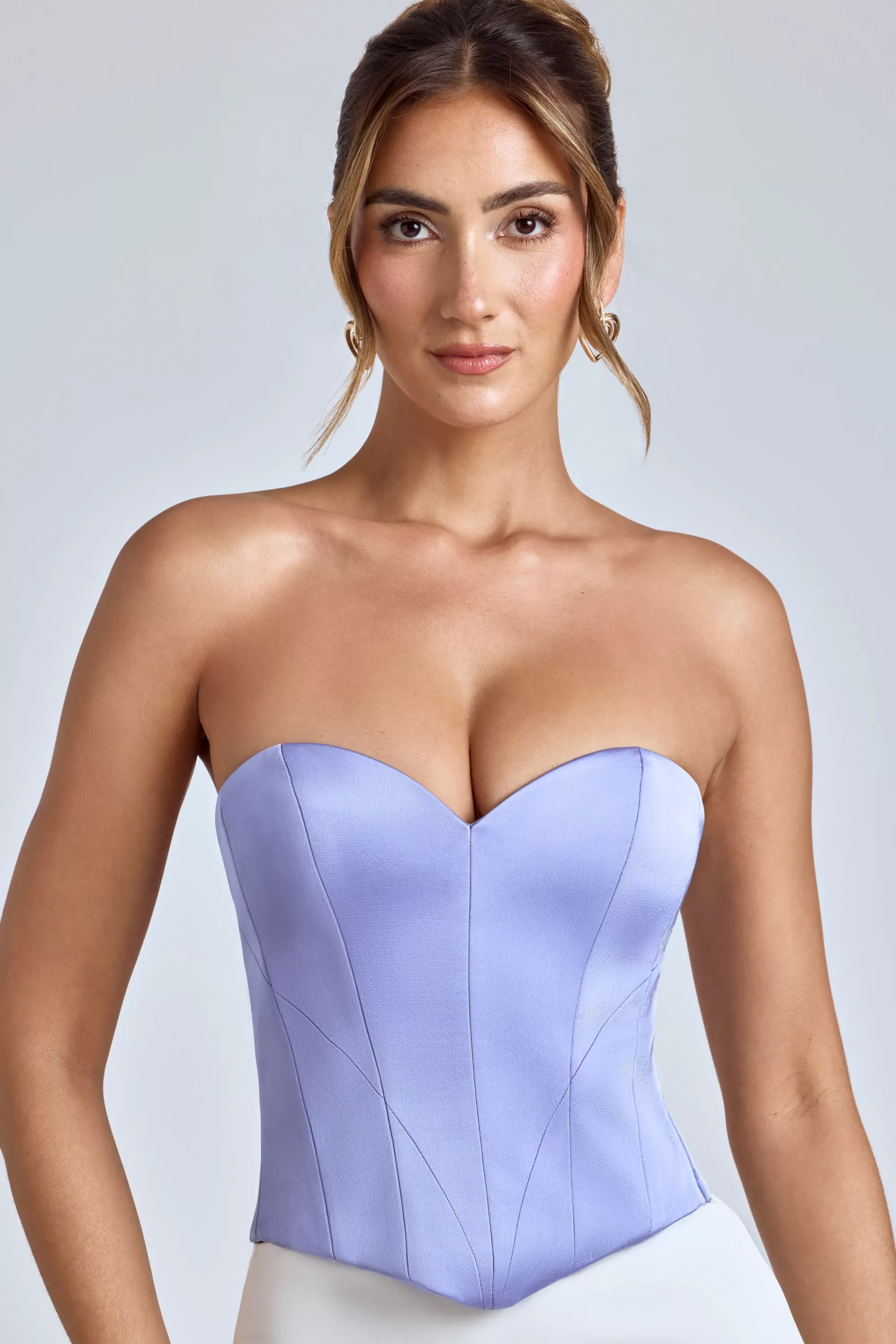 Oh Polly Strapless Lace-Up Satin Corset in Blue Lavender BlueLavender Fashion