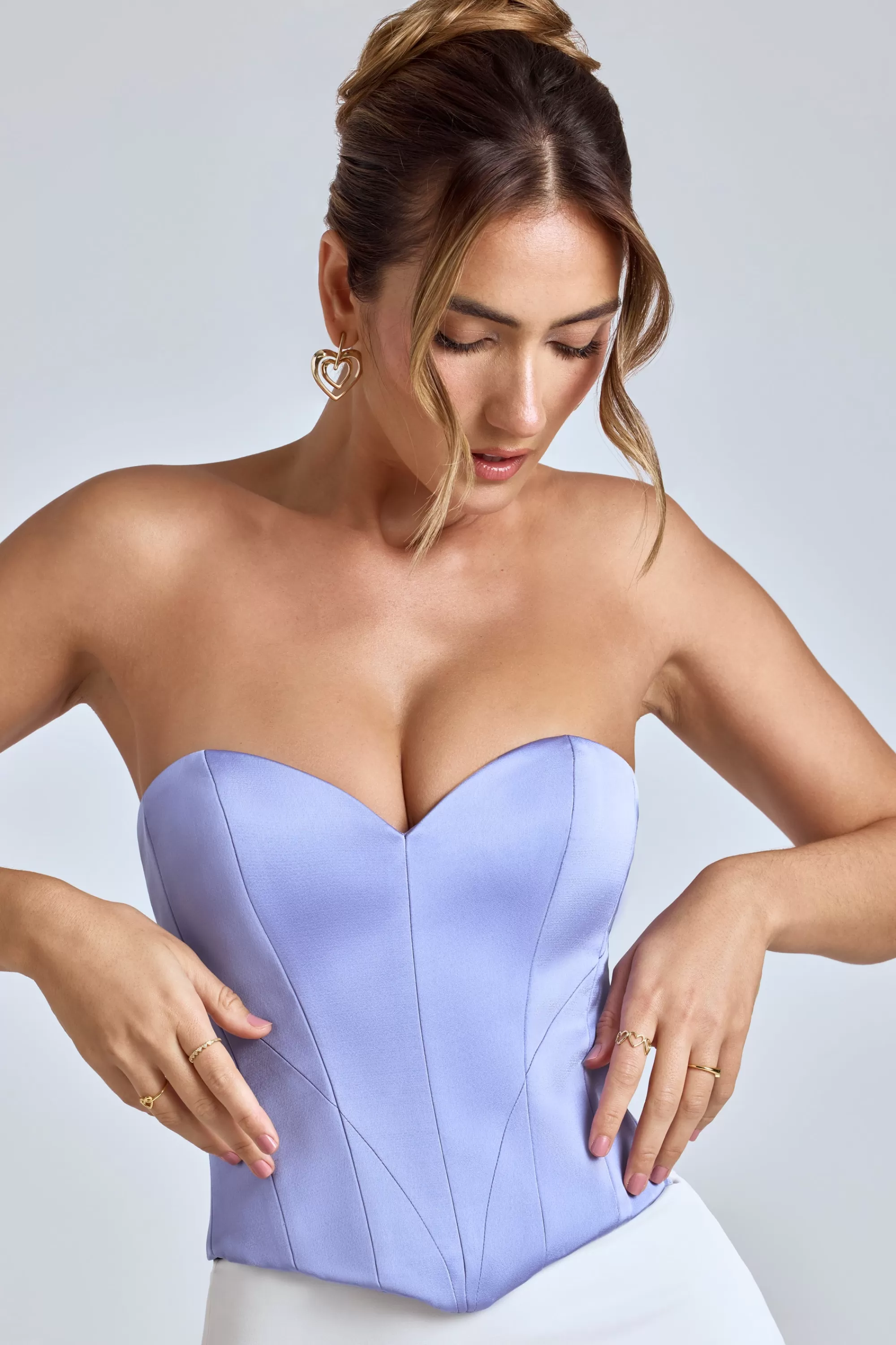 Oh Polly Strapless Lace-Up Satin Corset in Blue Lavender BlueLavender Fashion