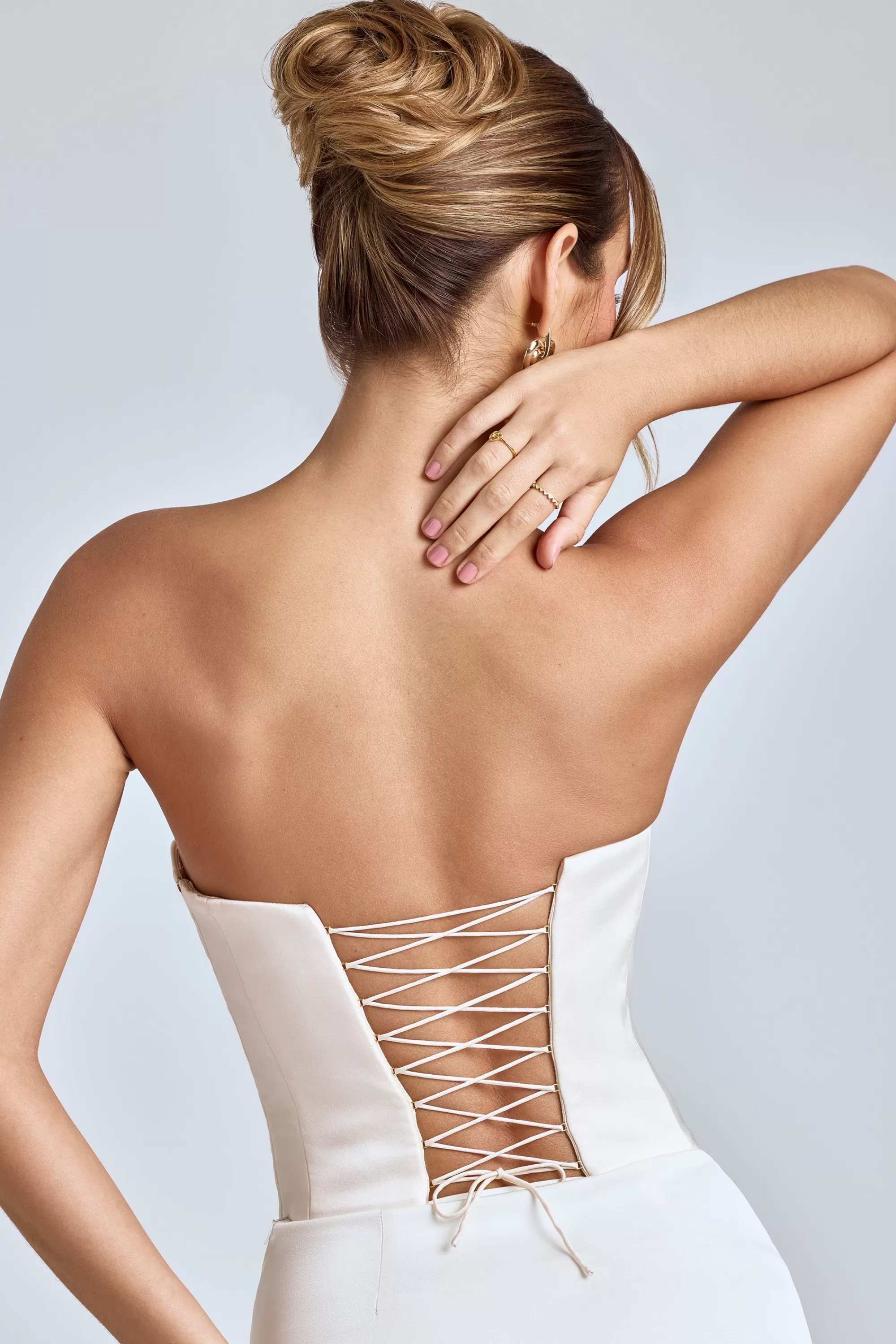 Oh Polly Strapless Lace-Up Satin Corset in Ivory Outlet