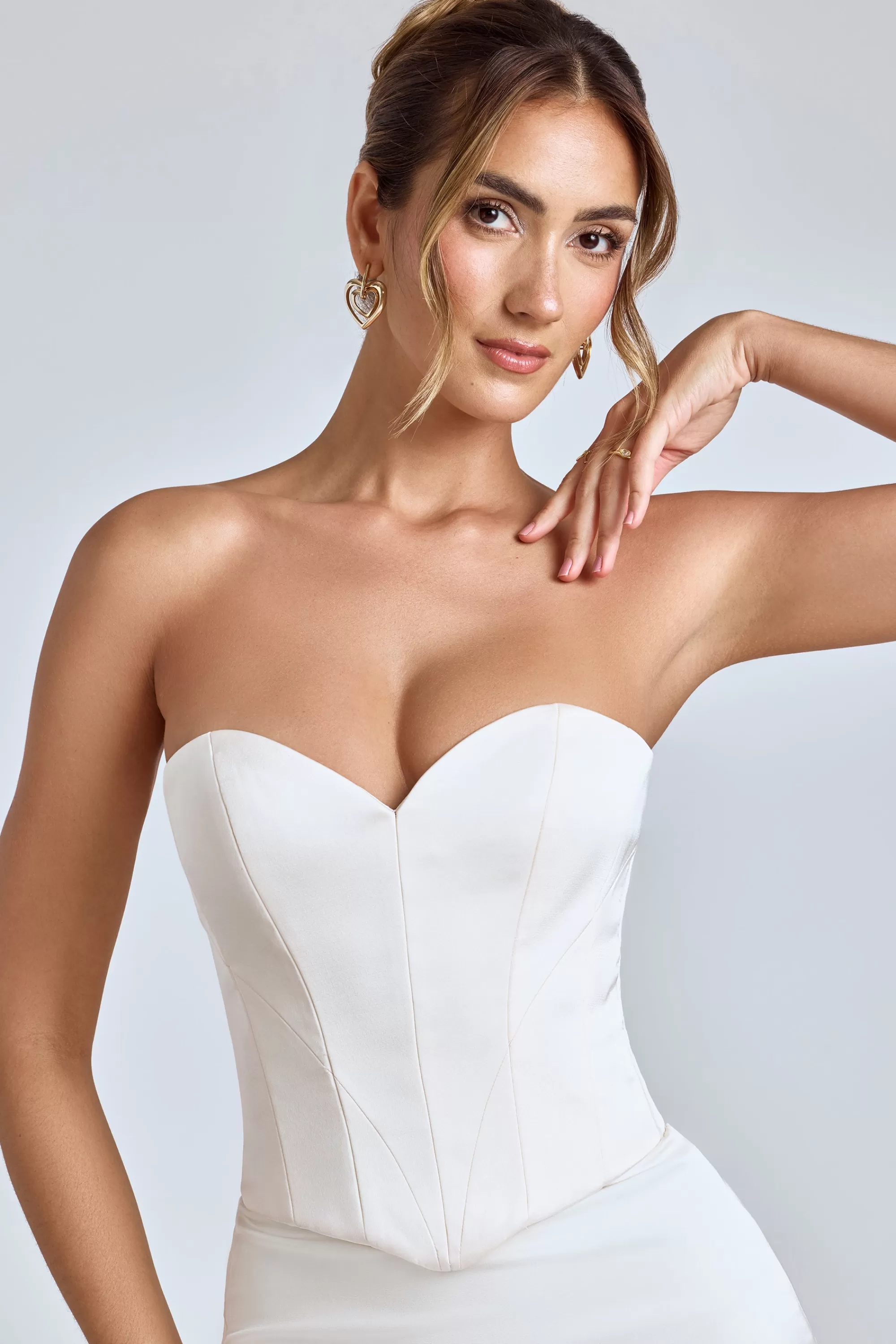Oh Polly Strapless Lace-Up Satin Corset in Ivory Outlet