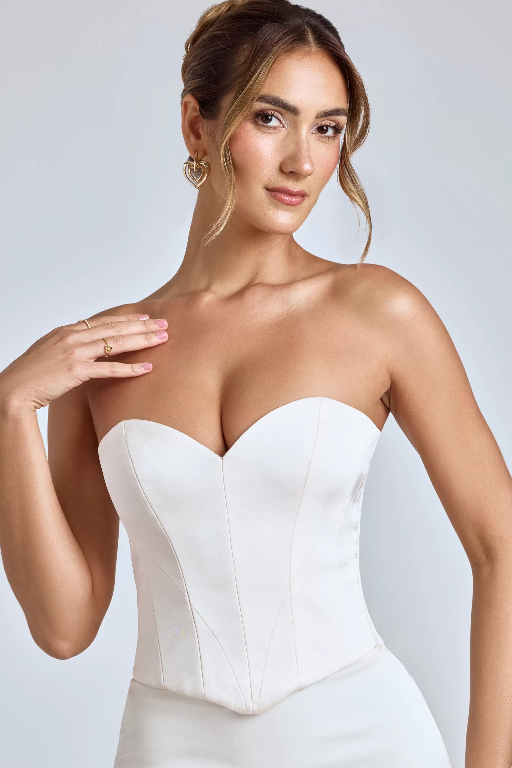 Oh Polly Strapless Lace-Up Satin Corset in Ivory Outlet
