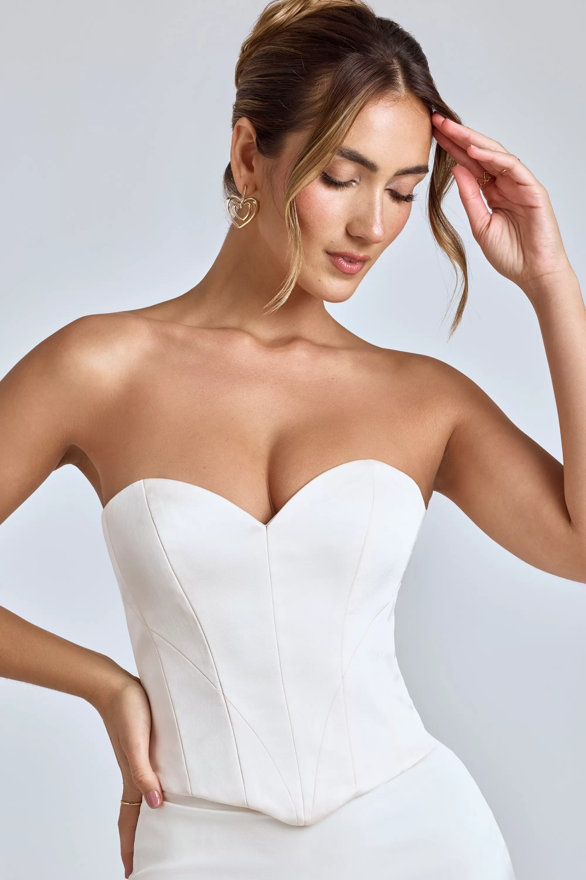 Oh Polly Strapless Lace-Up Satin Corset in Ivory Outlet