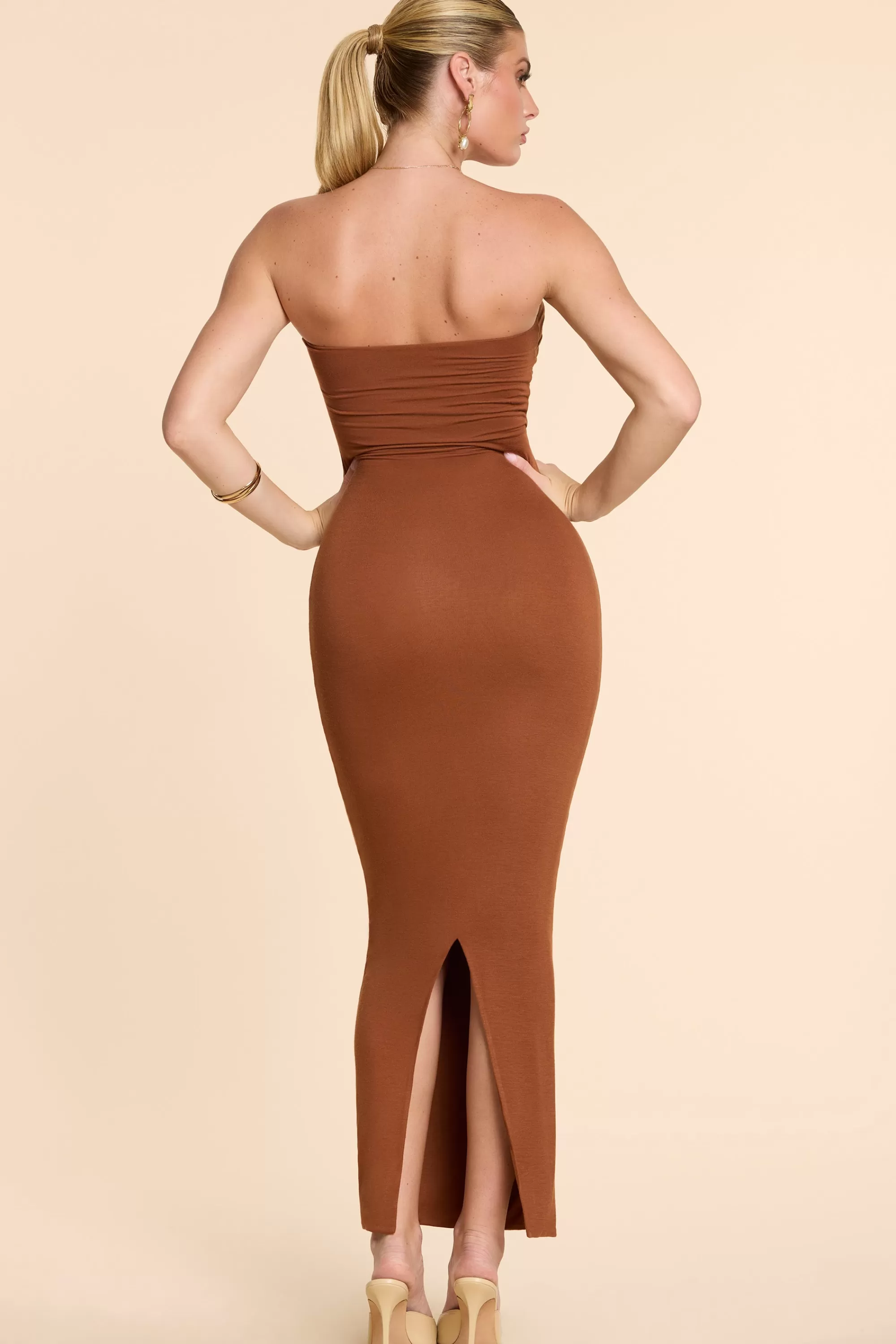 Oh Polly Strapless Ruched Modal Cashmere Blend Maxi Dress in Chestnut Brown ChestnutBrown Hot