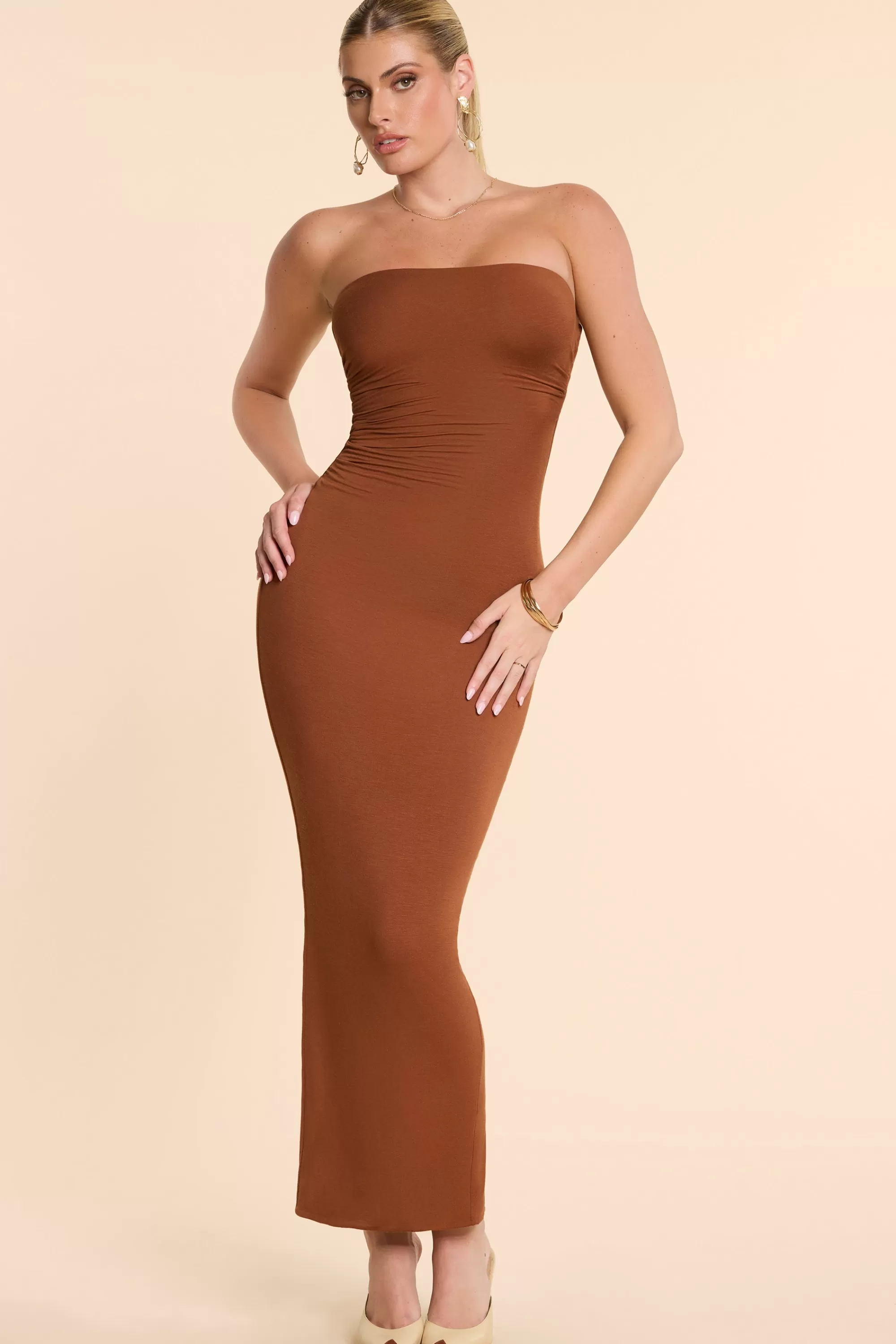 Oh Polly Strapless Ruched Modal Cashmere Blend Maxi Dress in Chestnut Brown ChestnutBrown Hot