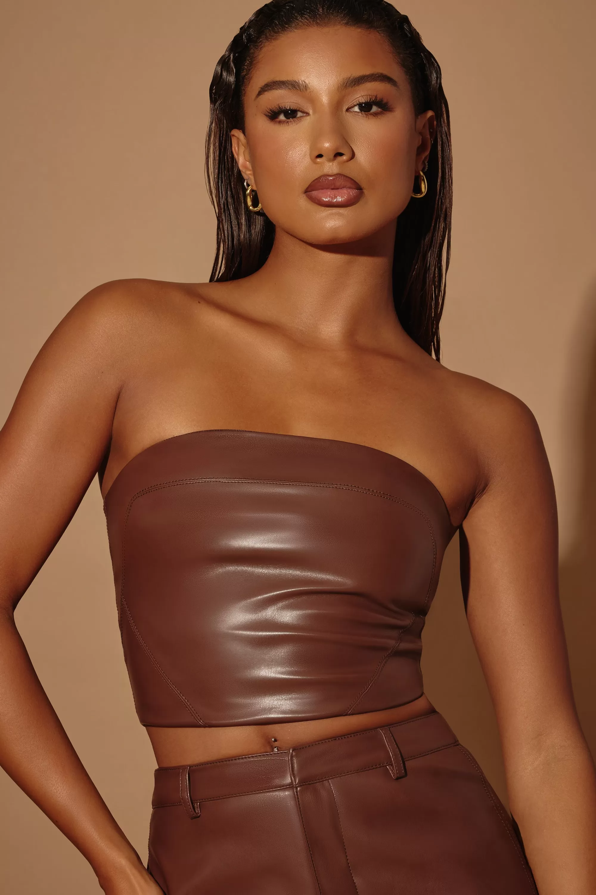 Oh Polly Strapless Vegan Leather Corset Top in Brown Outlet