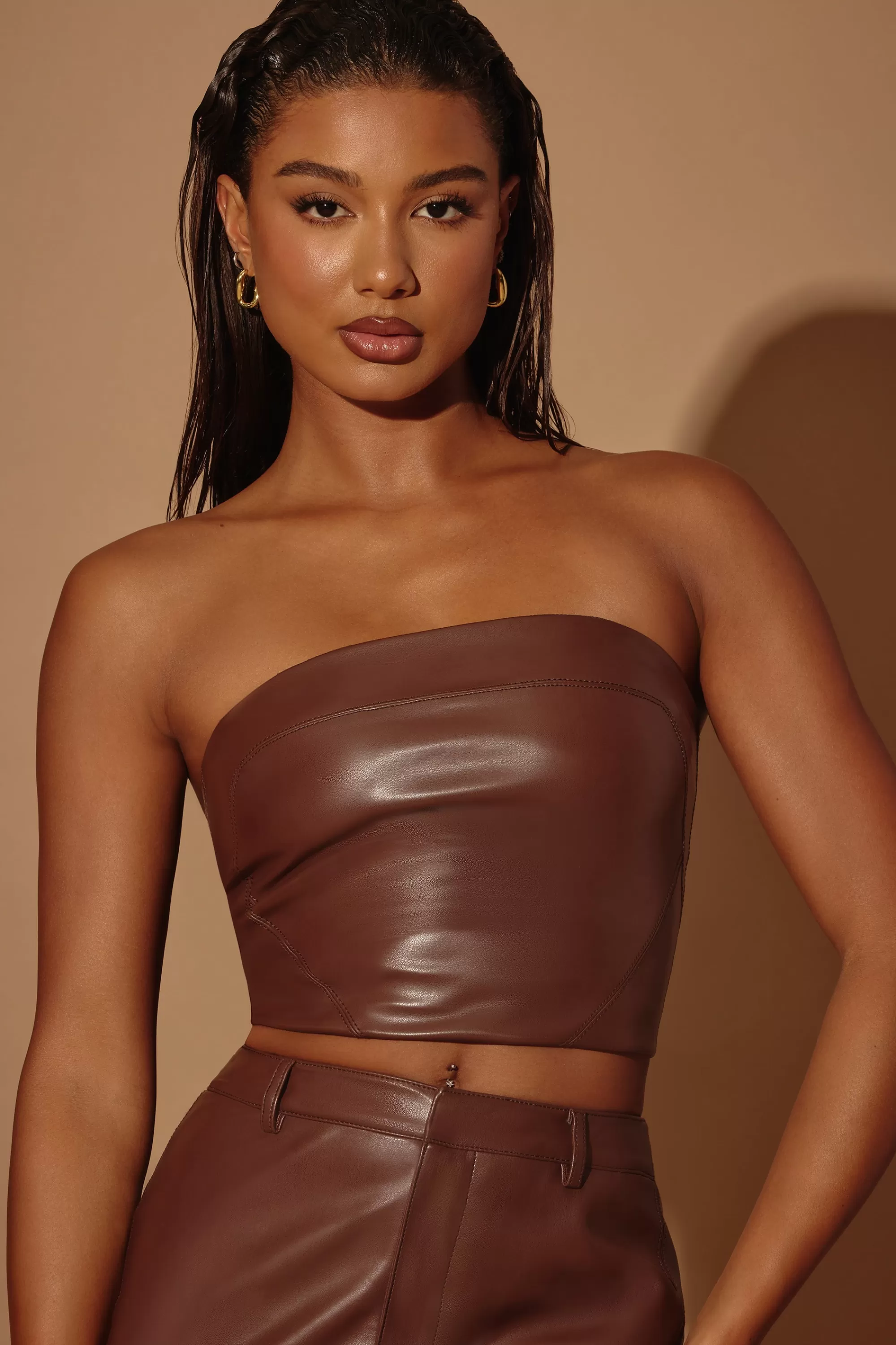 Oh Polly Strapless Vegan Leather Corset Top in Brown Outlet