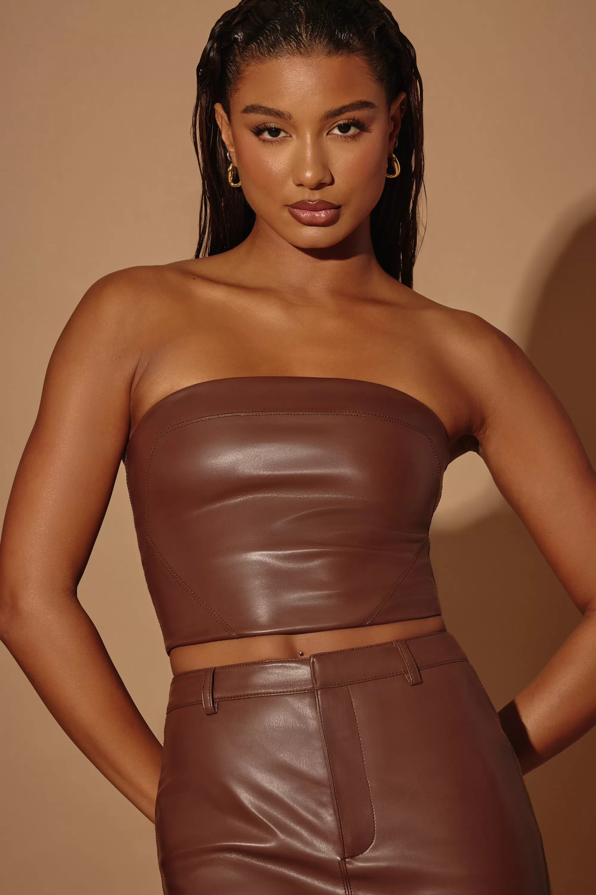 Oh Polly Strapless Vegan Leather Corset Top in Brown Outlet